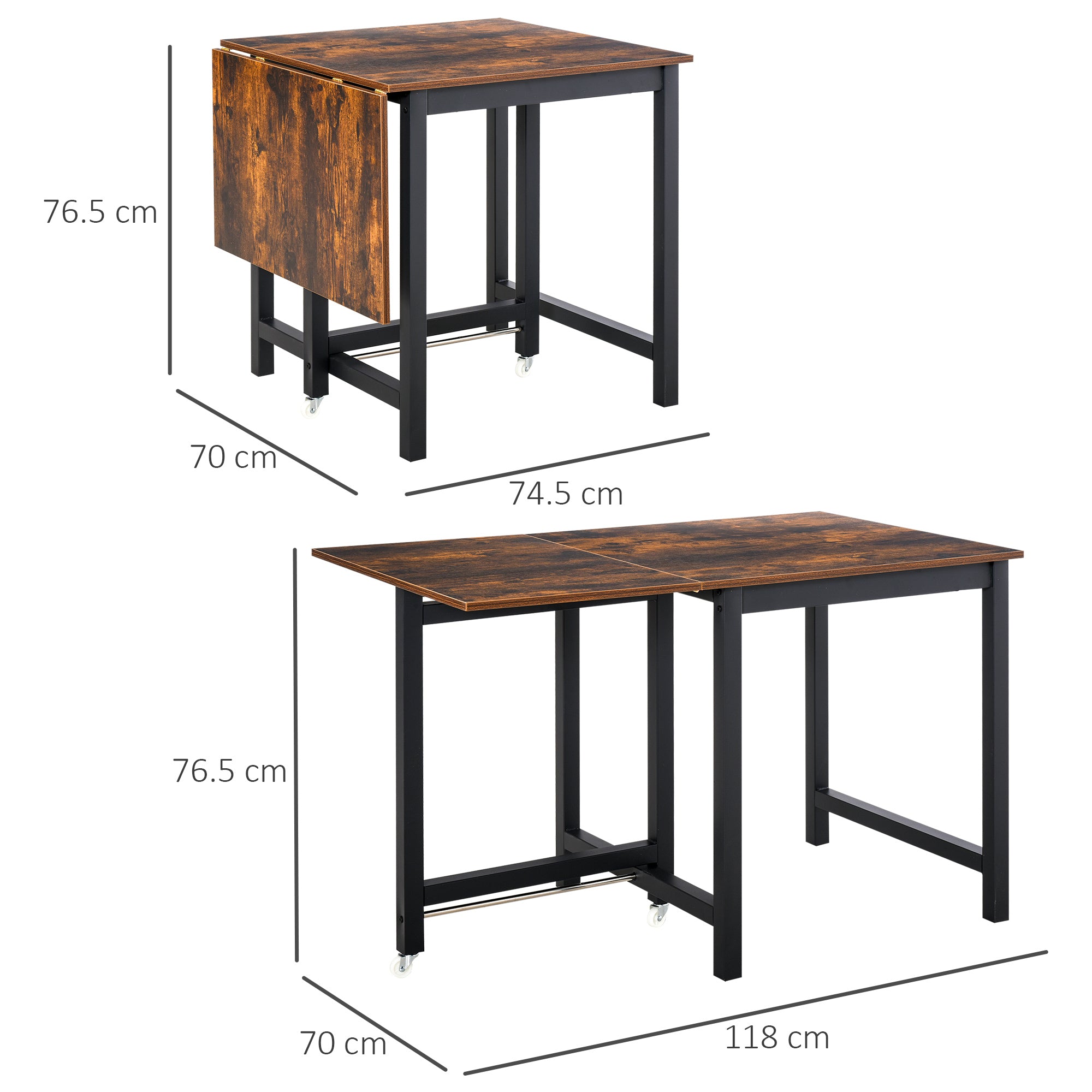 HOMCOM Folding Dining Table, Industrial Drop Leaf Table with Wheels and Metal Frame for Kitchen, Dining Room, Space Saving, Rustic Brown - North Peak Garden Furniture
