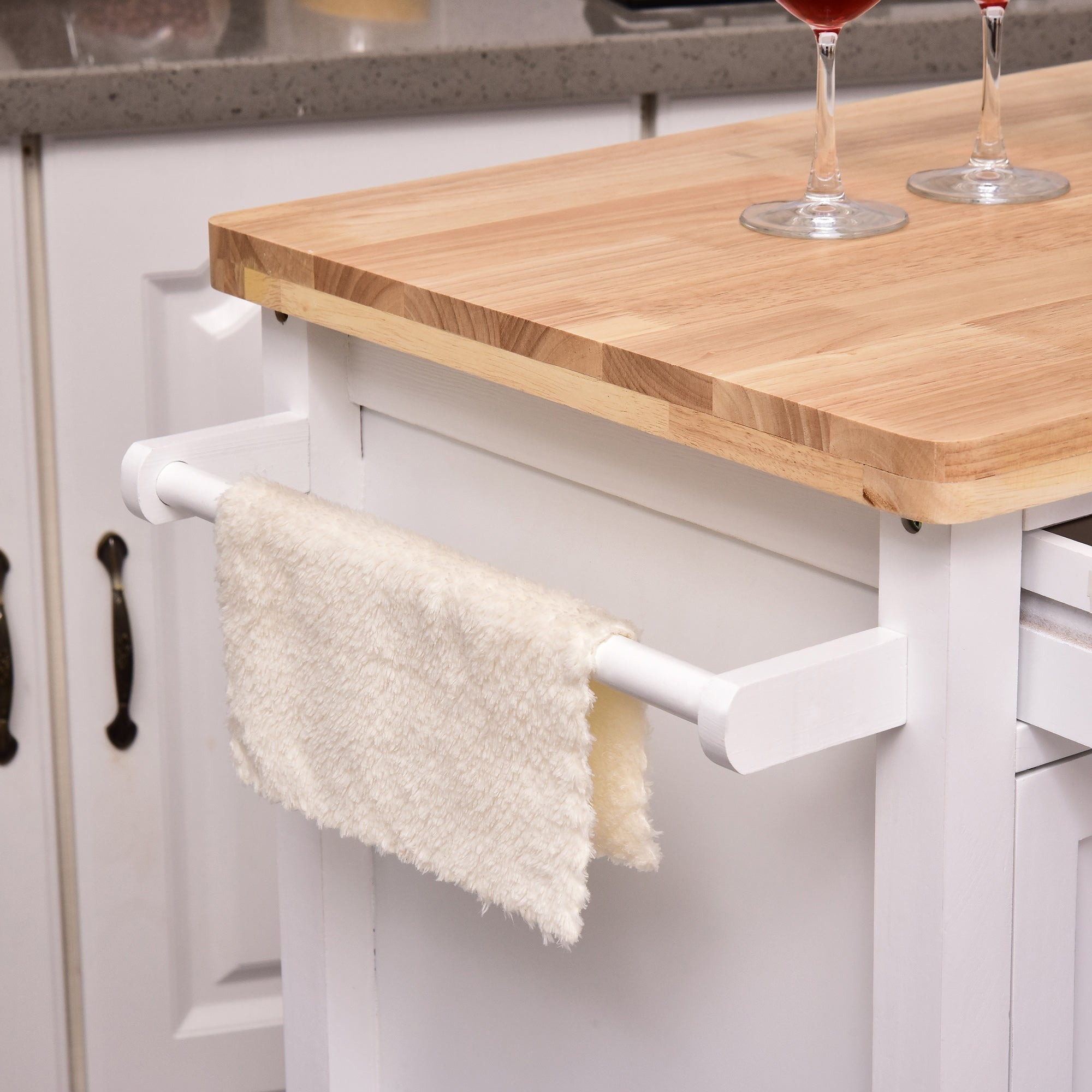 HOMCOM Kitchen Storage Trolley Cart Rolling Wheels Shelves Cupboard W/ Drawer And Towel Rail Rubber Wood Worktop White