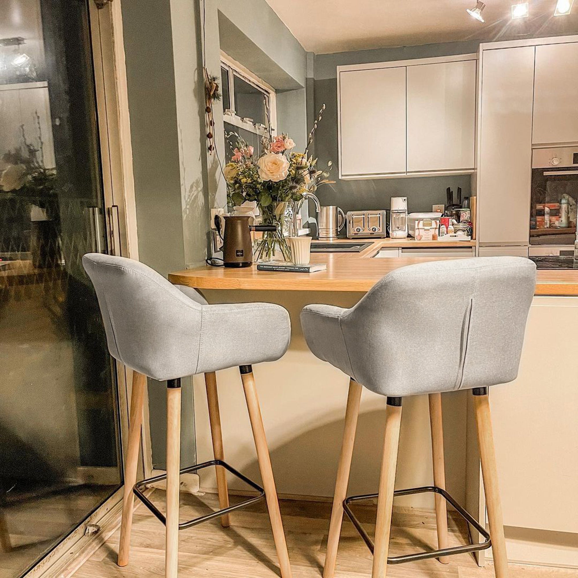 HOMCOM Set of 2 Bar Stools Modern Upholstered Seat Bar Chairs w/ Metal Frame, Solid Wood Legs Living Room Dining Room Fabric Furniture - Beige - North Peak Garden Furniture