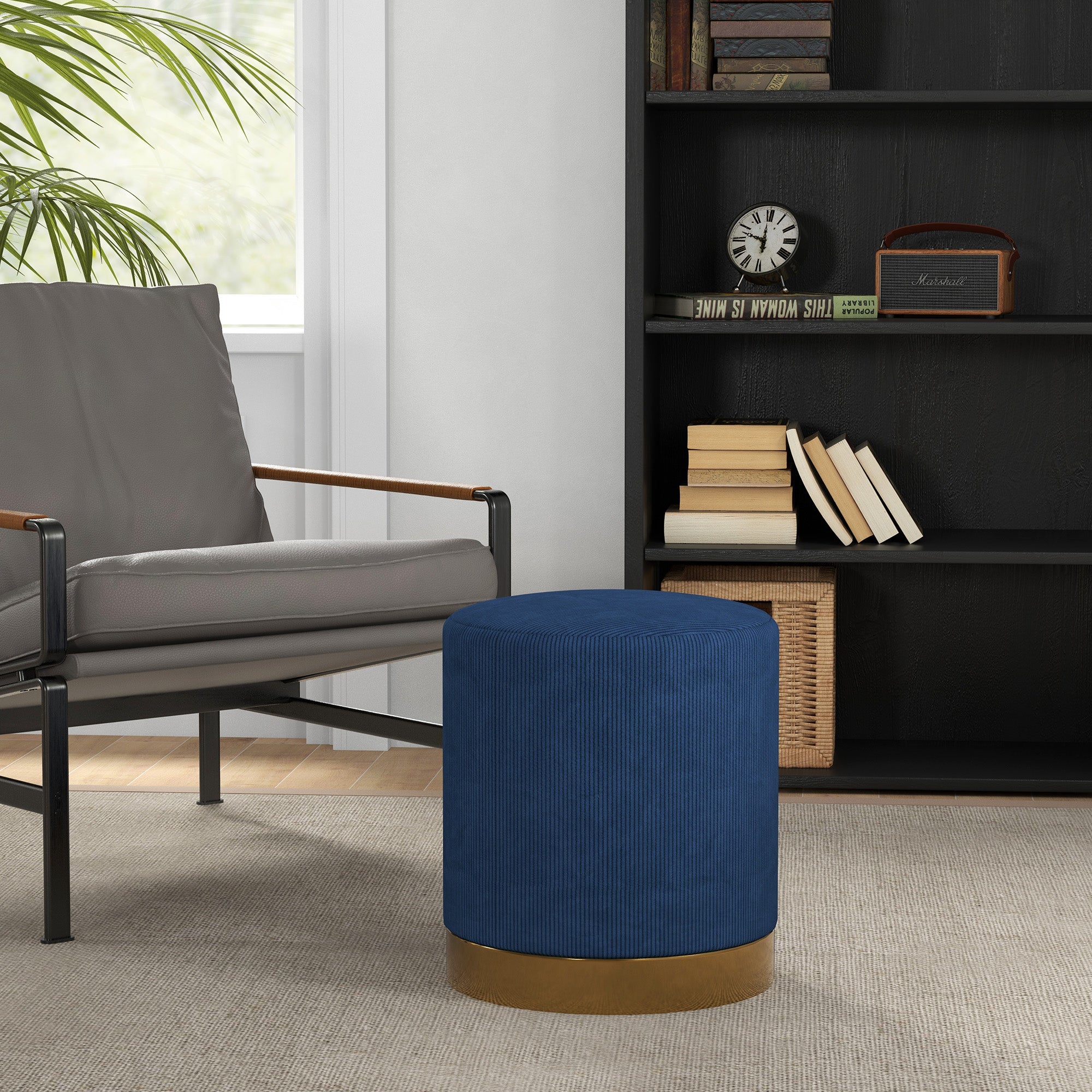 HOMCOM Soft Padded Corduroy Footstool - Dark Blue - North Peak Garden Furniture