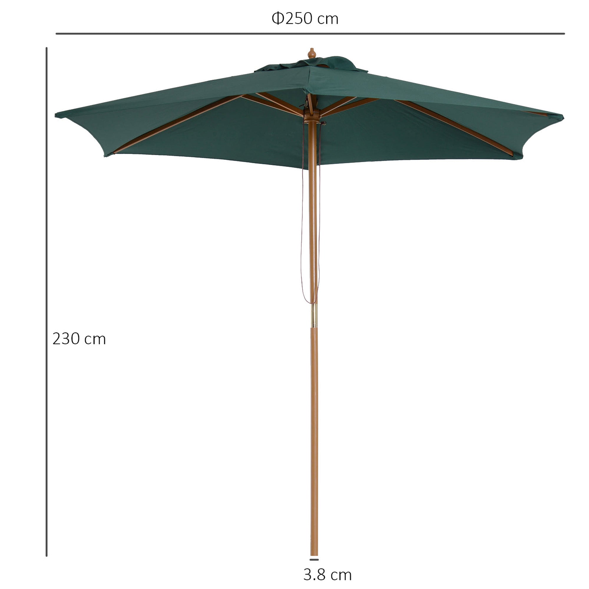 Outsunny Wooden Parasol: 2.5m UV-Protective Garden Umbrella with Pulley System, Dark Green