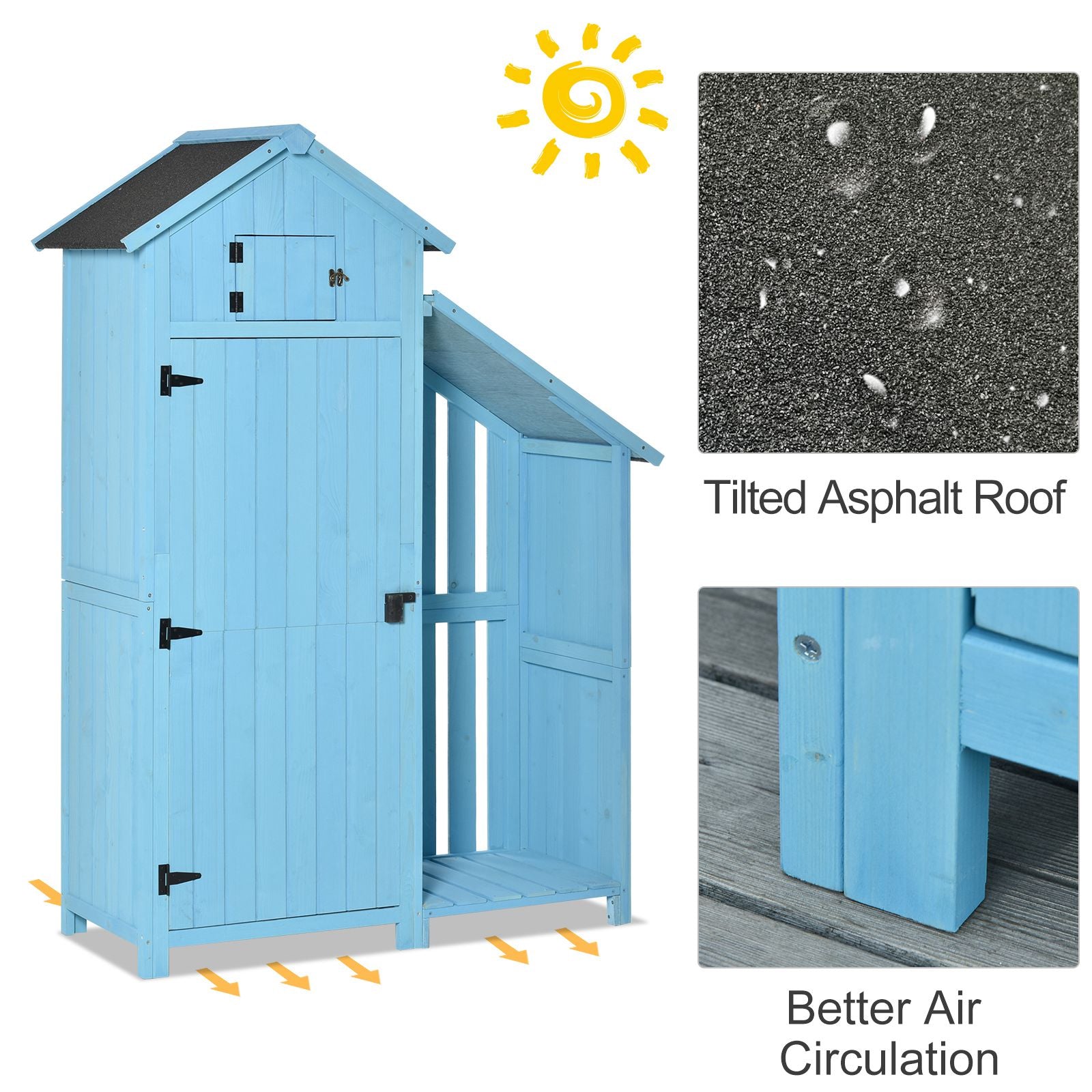 Outsunny Wooden Shed, Garden Storage Cabinet with Log Store, Waterproof Asphalt Roof and Lockable Door, Narrow Tool Organizer, 130 x 55 x 180 cm