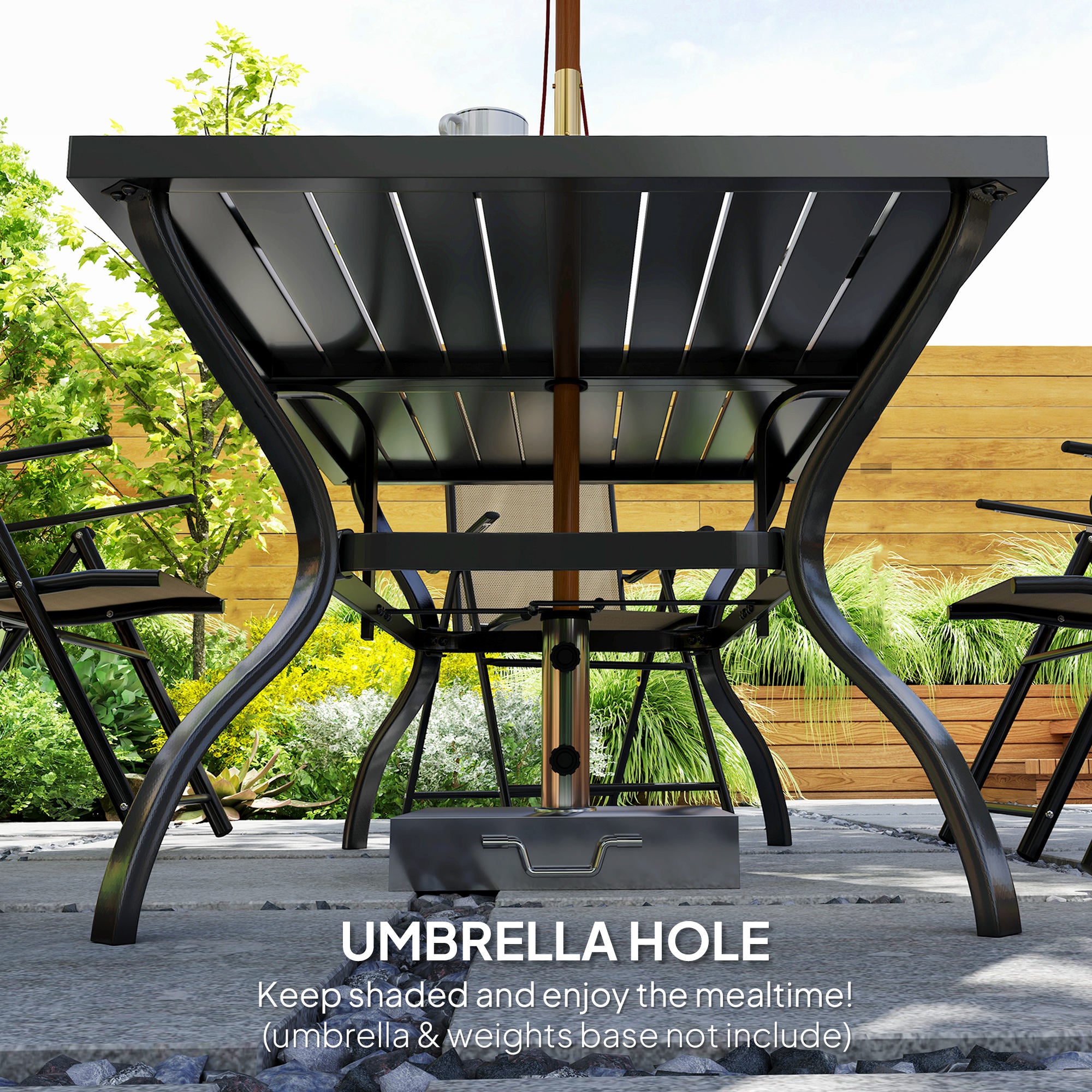 Outsunny Seven-Piece Steel Outdoor Dining Set, with Parasol Hole - Khaki - North Peak Garden Furniture