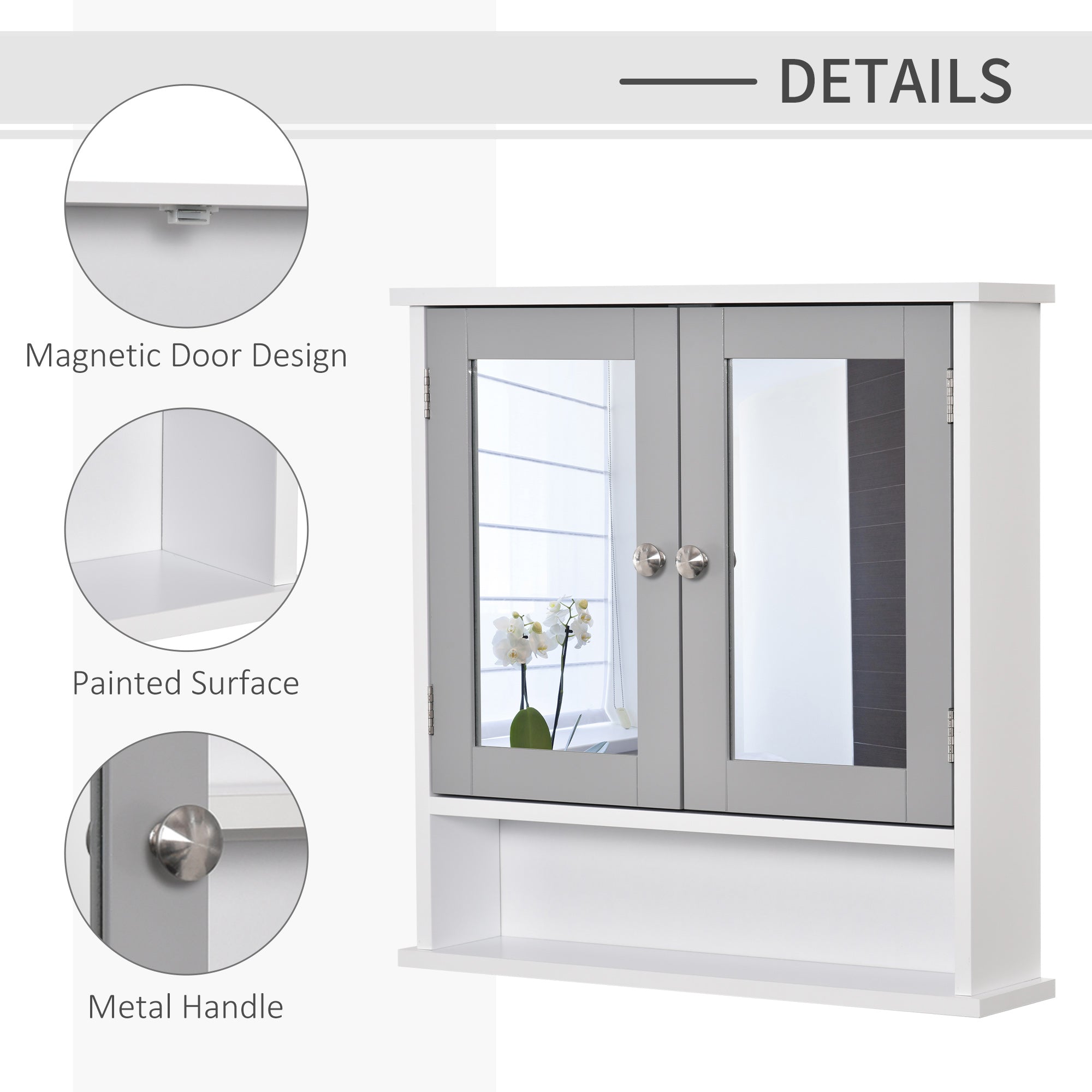 kleankin Mirror Cabinet Wall Mounted with Double Mirrored Doors, Hanging Cabinet with Cupboard and Shelf, Bathroom Wall Storage Organizer, Grey - North Peak Garden Furniture