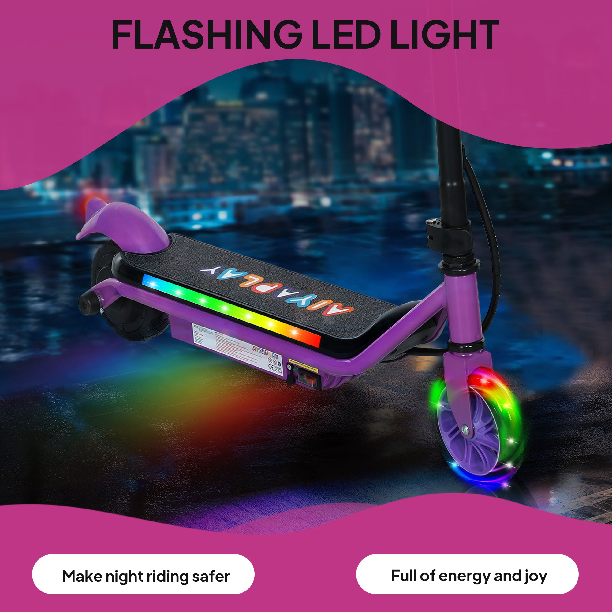 AIYAPLAY Electric Scooter for Kids Ages 6-14, with Dual Brakes, Flash Wheel and Colourful Light, Kids Electric Scooter E Scooter, Up to 12 KM/H & 10 KM, Purple - North Peak Garden Furniture