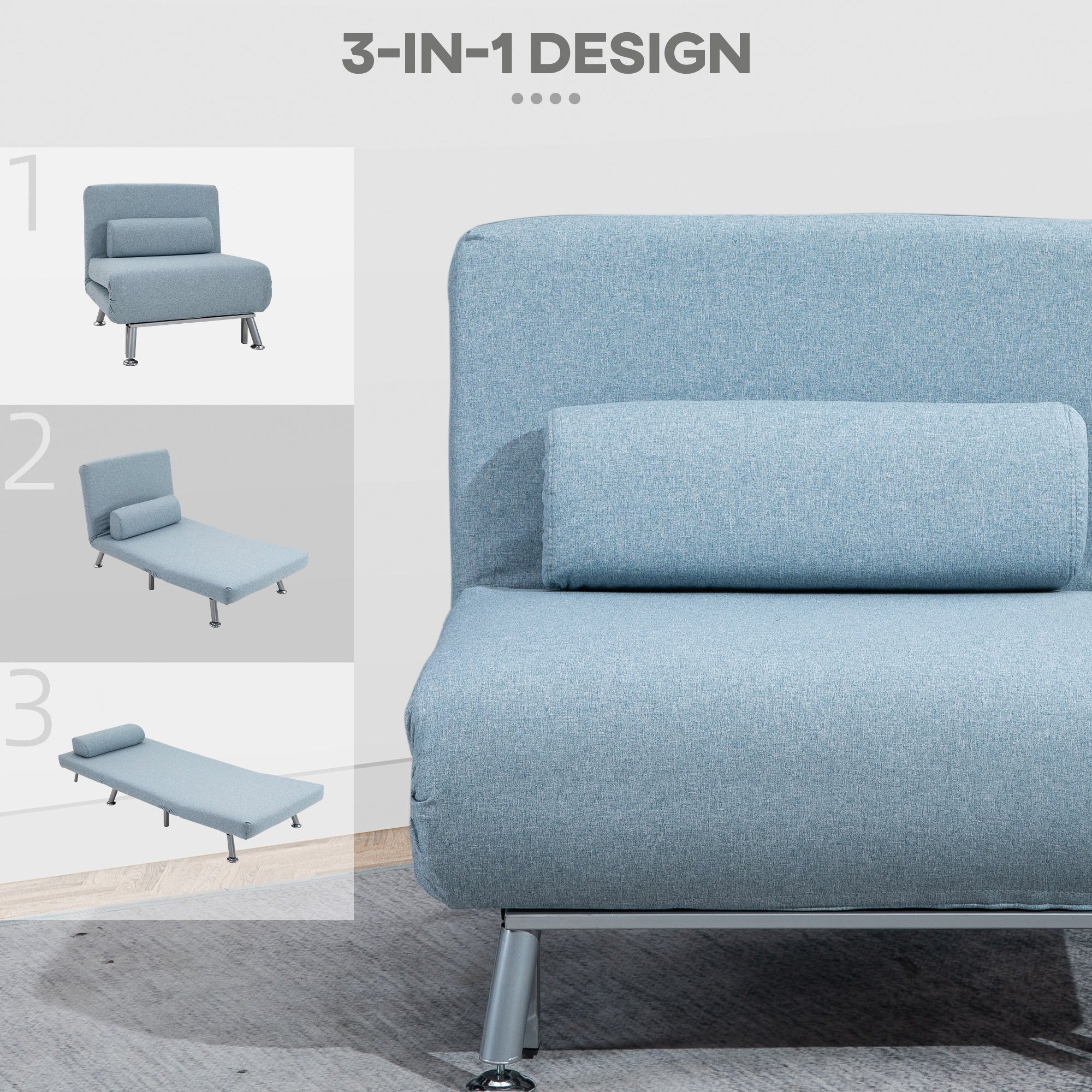 HOMCOM Single Sofa Bed, Chair Bed, 3-in-1 Convertible Sleeper Chair with Adjustable Backrest, Pillow, for Living Room, Bedroom, Sky Blue - North Peak Garden Furniture