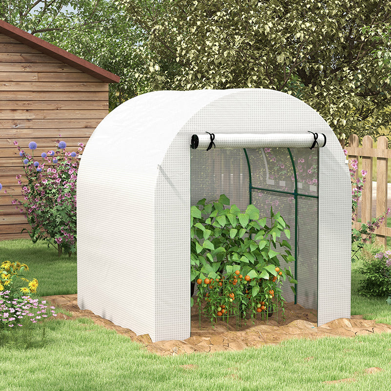 Outsunny Walk in Polytunnel Greenhouse, Green House for Garden with Roll-up Window and Door, 1.8 x 1.8 x 2 m, White - North Peak Garden Furniture