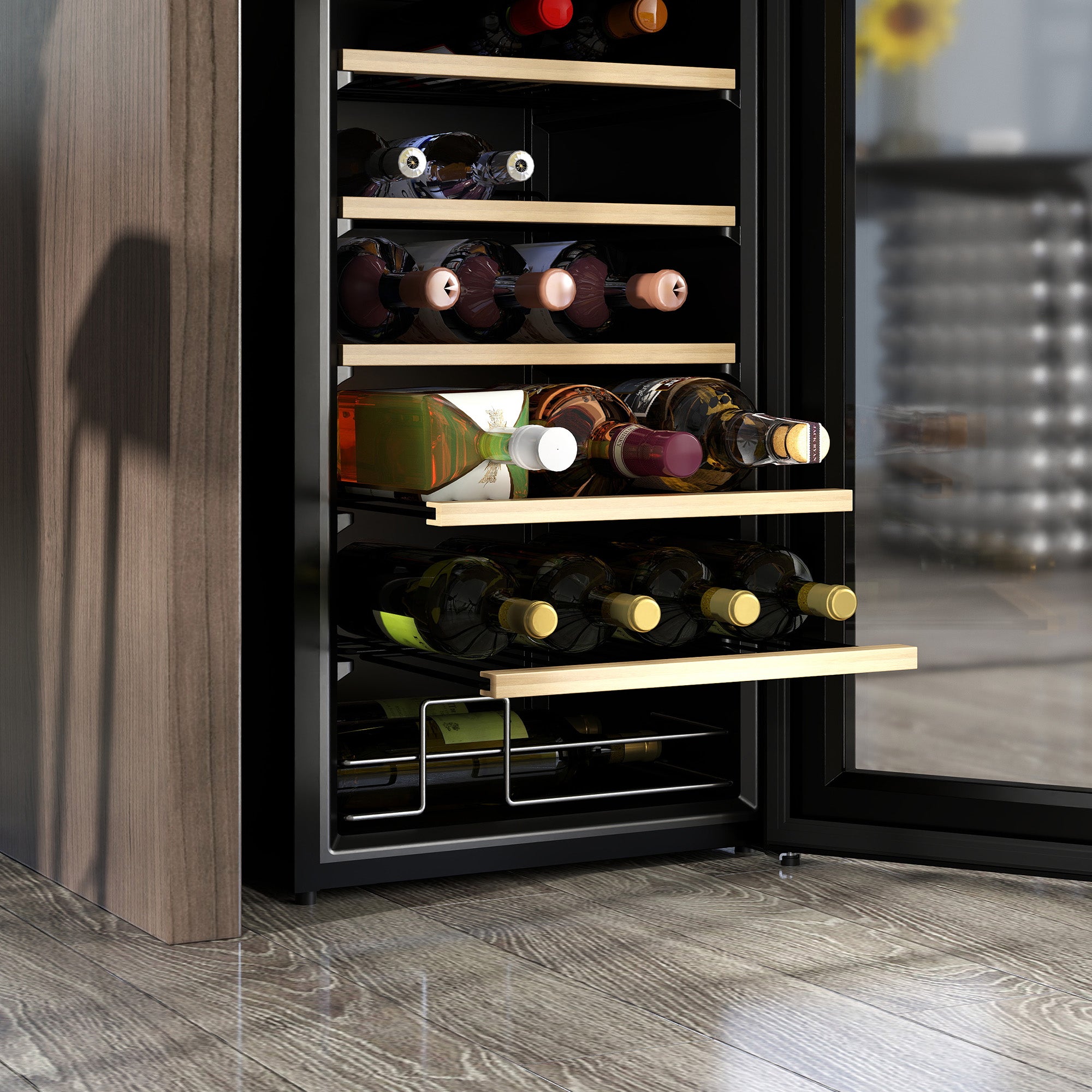 HOMCOM 24 Bottles Freestanding Wine Fridge with Glass Door, 65 Litres Single Zone Wine Cooler Fridge with Digital Touch Screen Controls and LED Light, Black - North Peak Garden Furniture