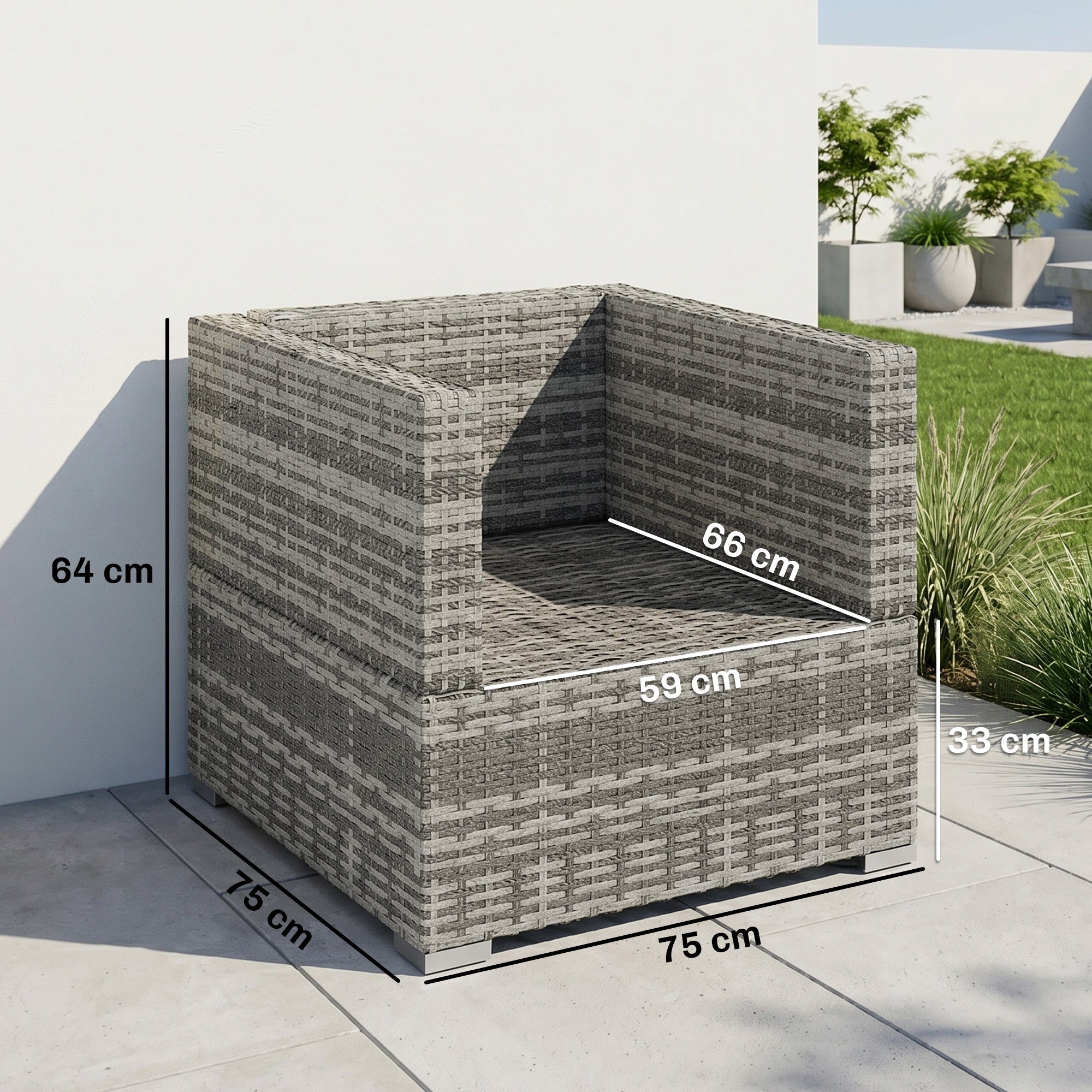 Outsunny Single Seater Rattan Chair Sofa with Padded Cushions, All-Weather PE Wicker Weave Garden Armchair with Armrests, Grey