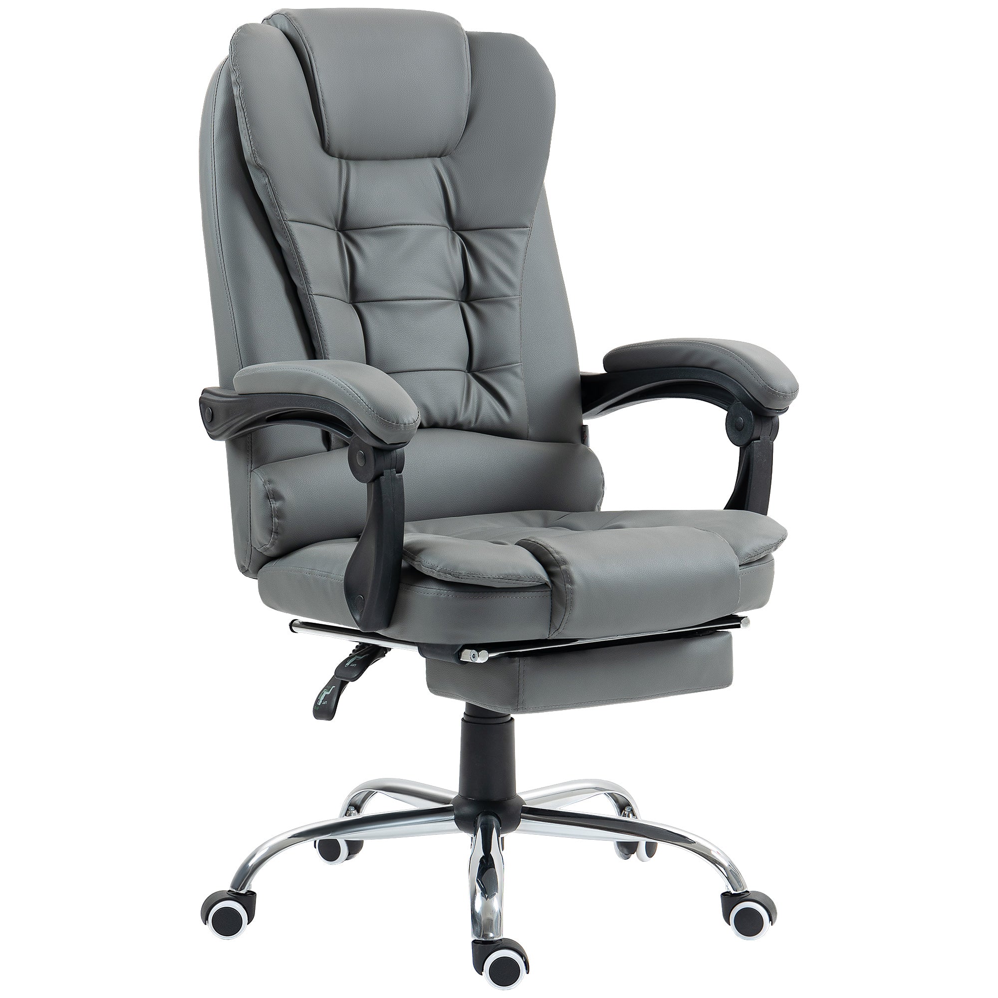 HOMCOM Executive Office Chair, PU Leather Home Office Chair with Swivel Wheels, Reclining Backrest, Retractable Footrest, Grey