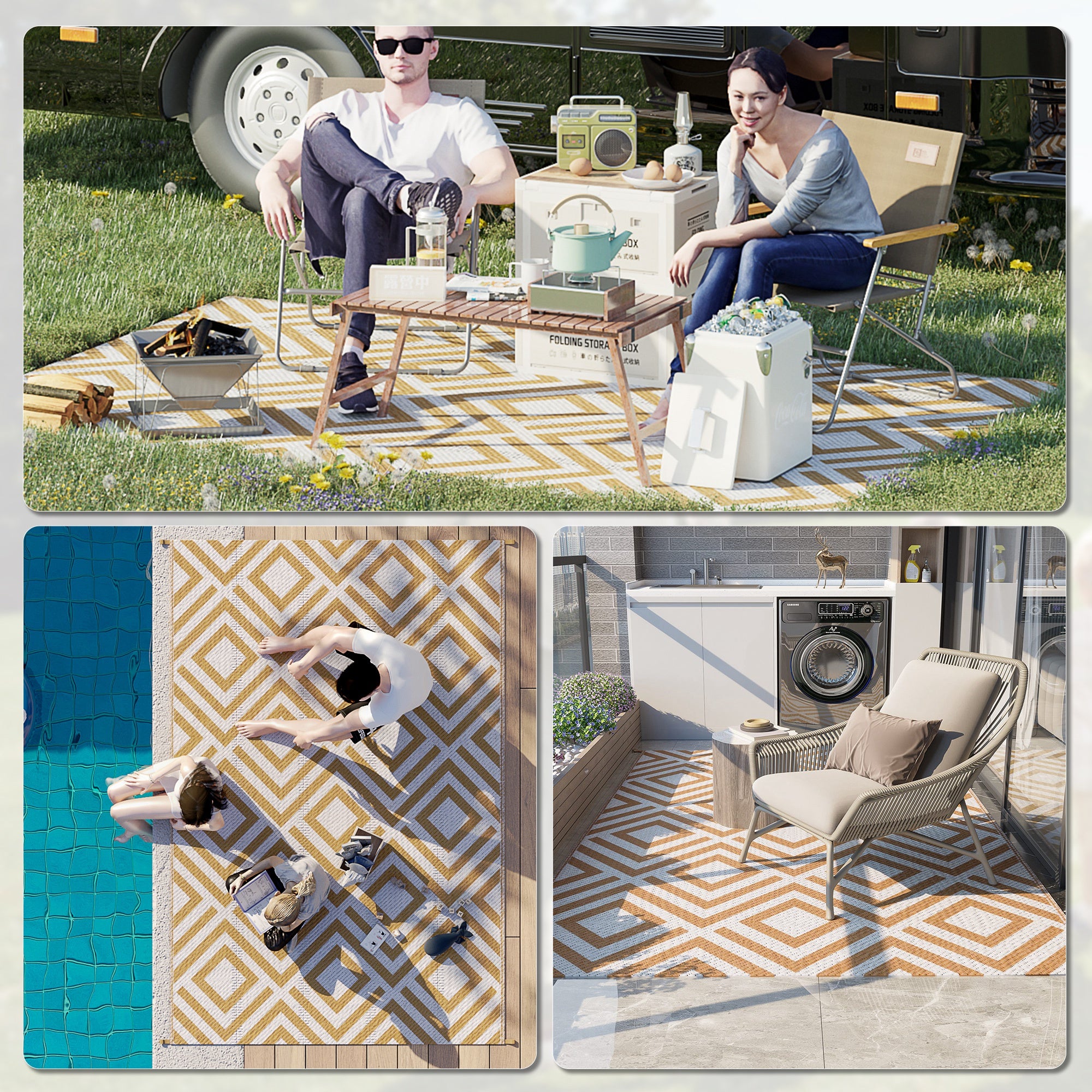 Outsunny Reversible Outdoor Rug, Plastic Straw Mat w/ Carry Bag Ground Stakes for Garden RV Picnic Beach Camping 182x274cm Brown - North Peak Garden Furniture