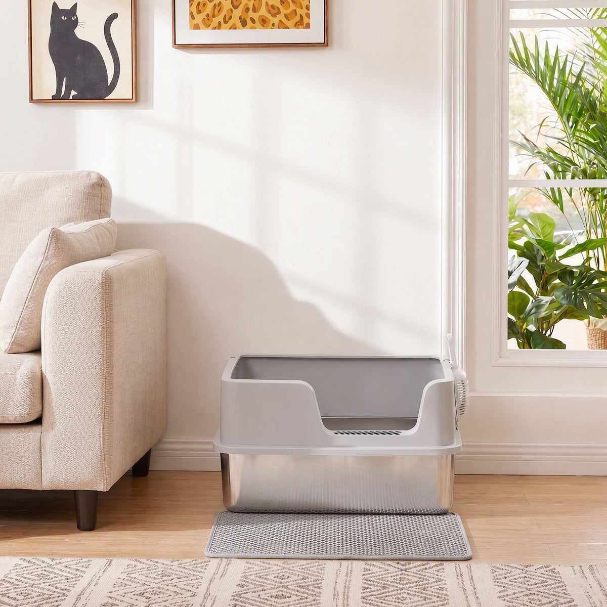 PawHut XL Stainless Steel Cat Litter Tray with Lid, High Sided Cat Litter Box with Scoop and Mat, Light Grey