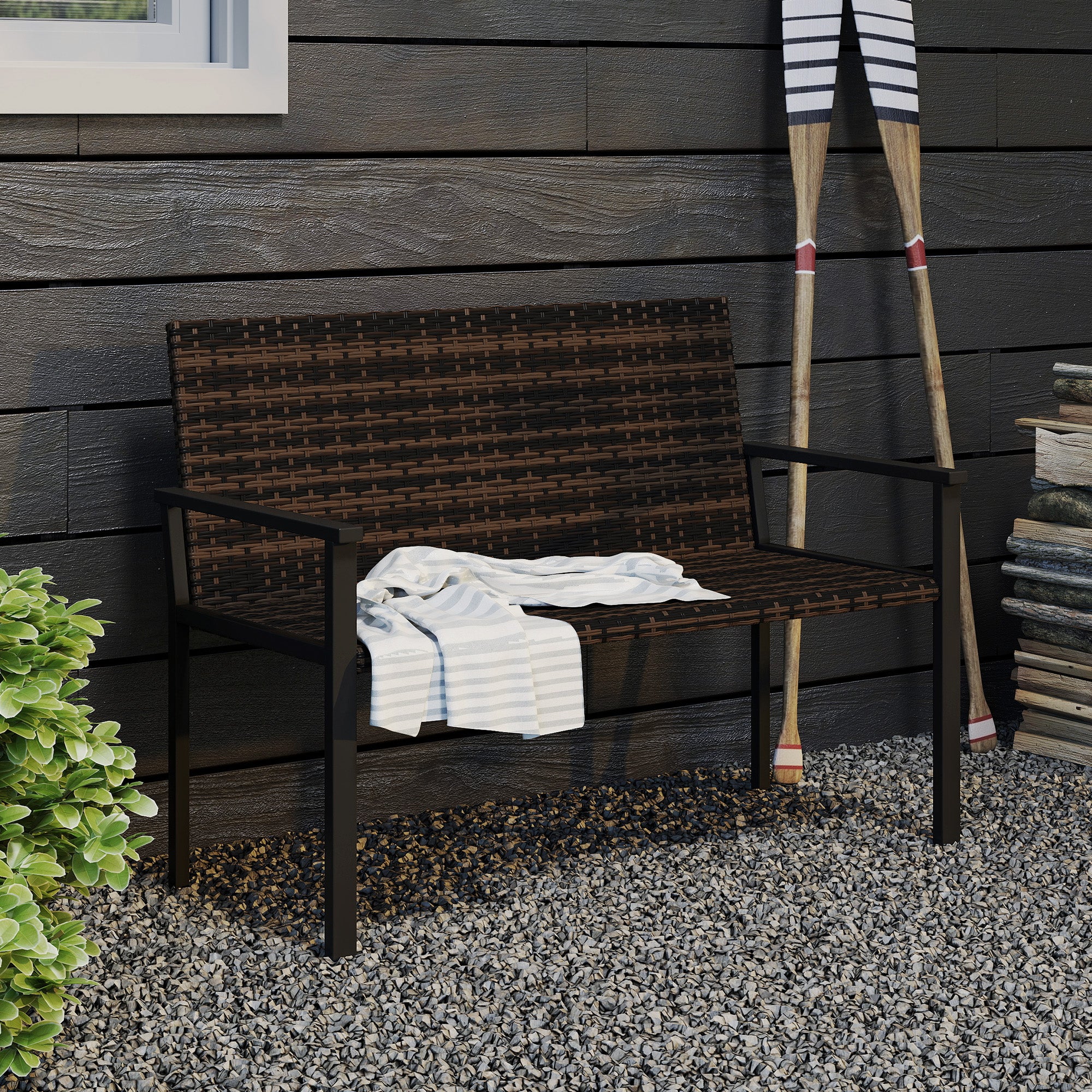 Outsunny 2 Seater Rattan Garden Bench, Outdoor Bench with Quick-Drying Cotton Padding, Wicker Garden Loveseat with Armrests, Steel Frame for Patio, Park, Mixed Brown - North Peak Garden Furniture