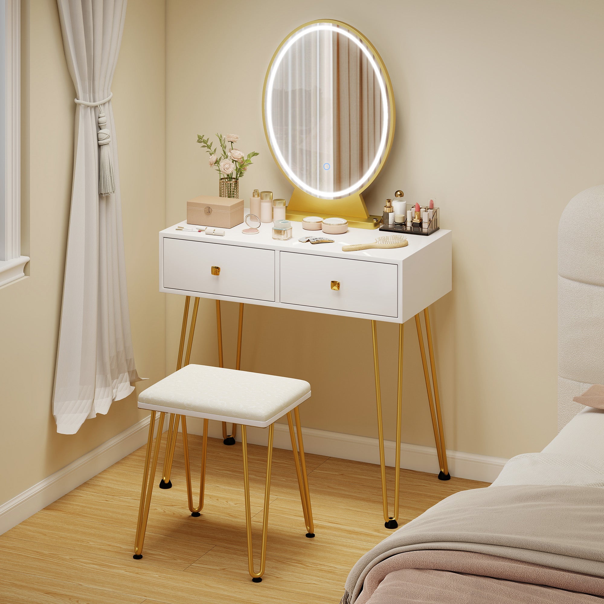 HOMCOM Dressing Table Set with LED Light, Round Mirror, Vanity Makeup Table with 2 Drawers and Cushioned Stool for Bedroom, White