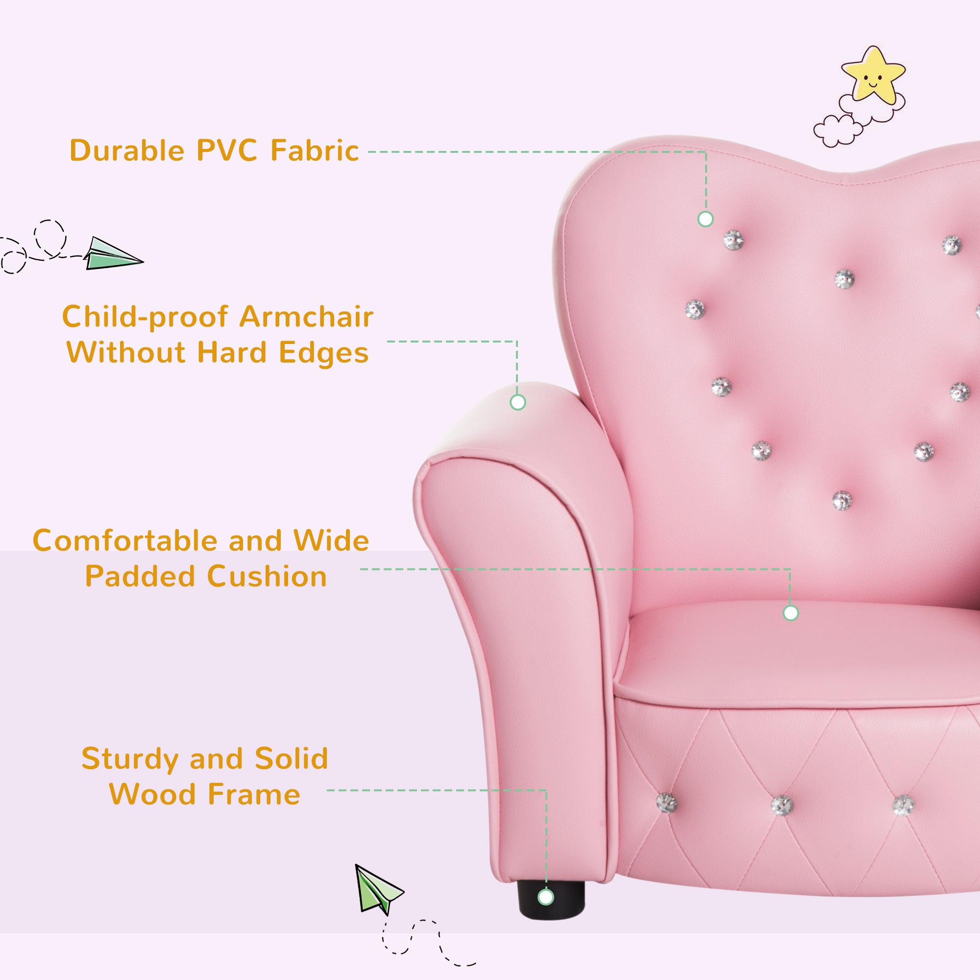 HOMCOM Kids Armchair Toddler Chair Seating Relax Playroom Seater Girl Princess Pink - North Peak Garden Furniture