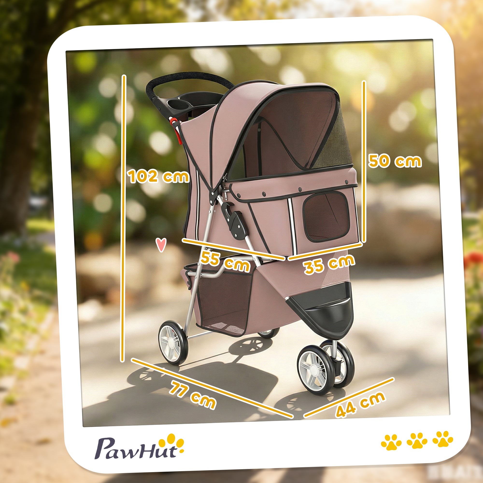 PawHut Dog Stroller, 3 Wheels Foldable Pet Stroller with Adjustable Canopy, Storage Basket for Small Mini Breeds, Coffee