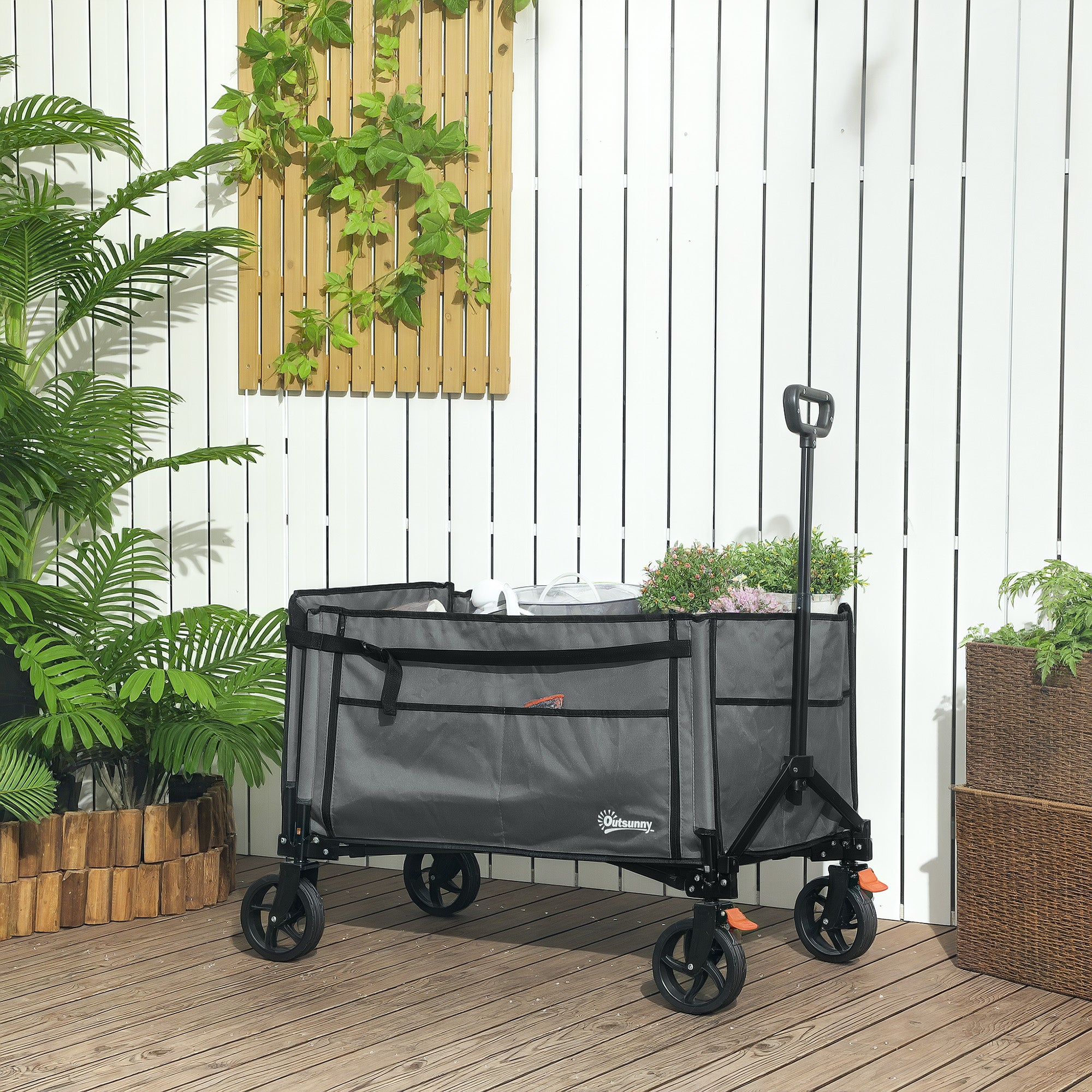 Outsunny Folding Trolley on Wheels, 150L Collapsible Wagon Festival Trolley Cart with Openable Sides, Adjustable Handle and Brakes for Shopping Camping Beach and Garden, Grey - North Peak Garden Furniture