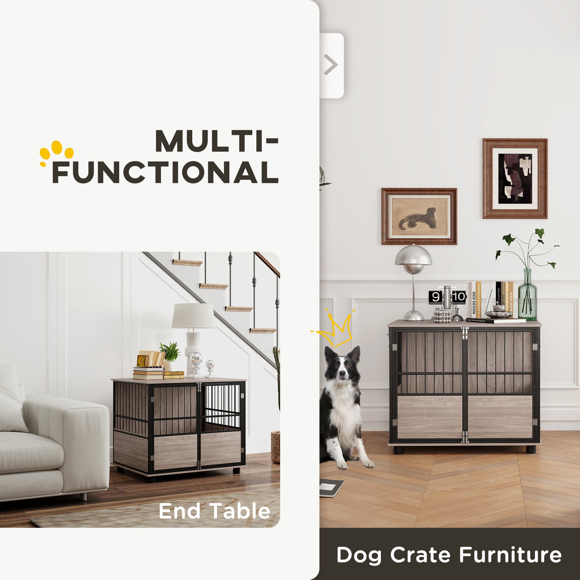 PawHut 80cm Furniture Style Dog Crate Dog Cage End Table Indoor with 3 Doors Soft Washable Cushion, for Medium Sized Dogs - North Peak Garden Furniture
