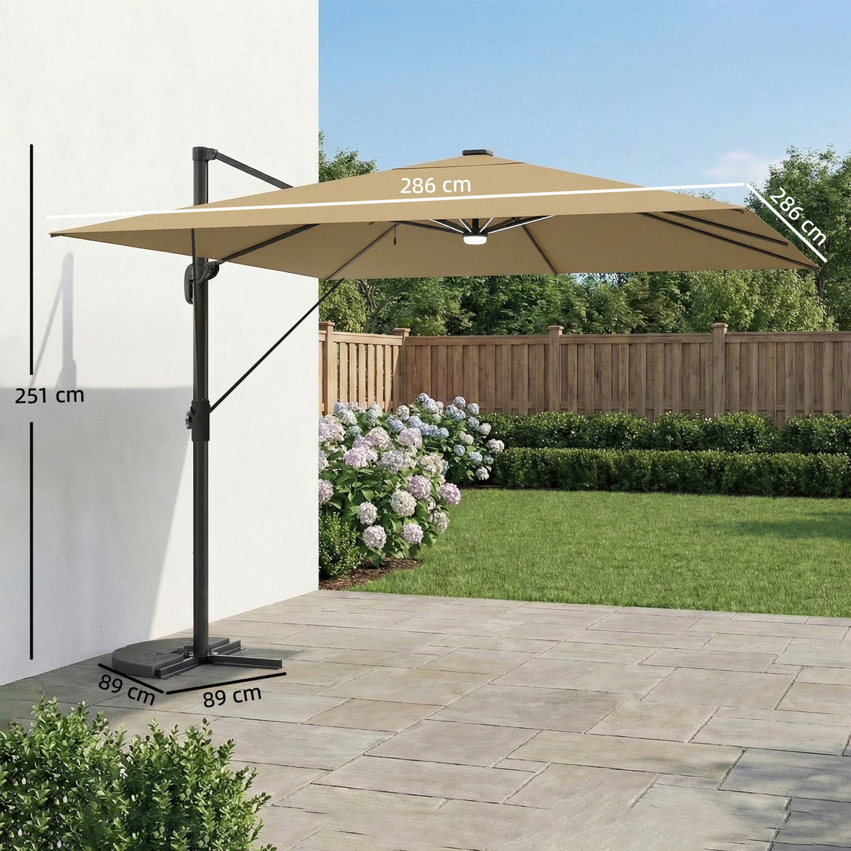 Outsunny 3 x 3 m Garden Cantilever Parasol with Light, Umbrella with Wind Protection, 360° Rotation, Khaki