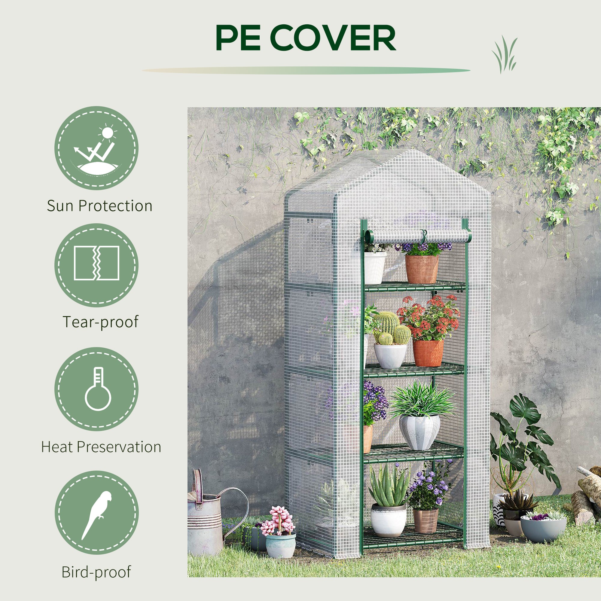 Outsunny 4 Tier Mini Greenhouse, Portable Compact Green House with Steel Frame, PE Cover, Roll-up Door, 70 x 50 x 160 cm, White - North Peak Garden Furniture