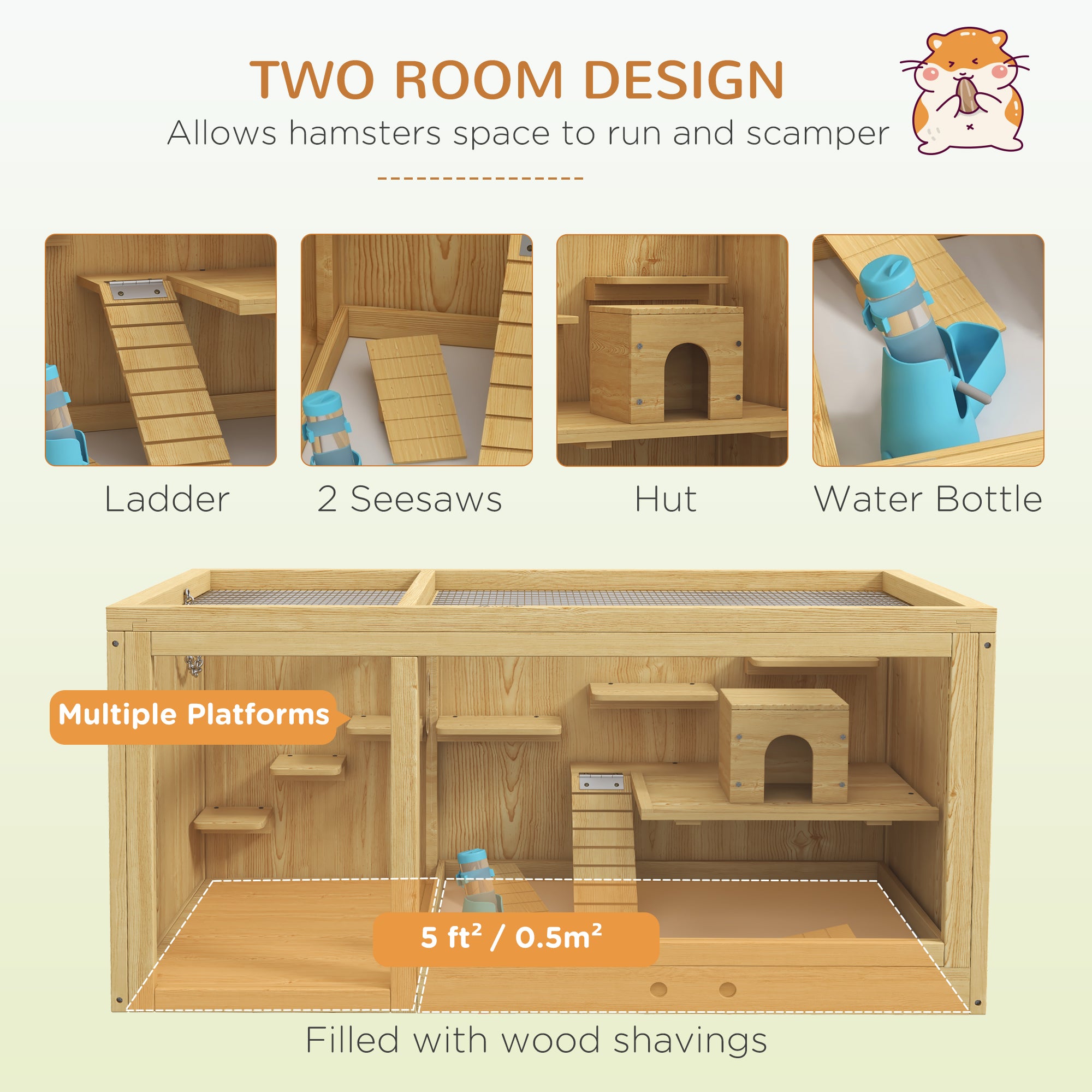 PawHut Wooden Hamster Cage with Water Bottle, Platforms, Openable Roof, Sliding Tray, Hut, Seesaws, Natural Wood Finish - North Peak Garden Furniture