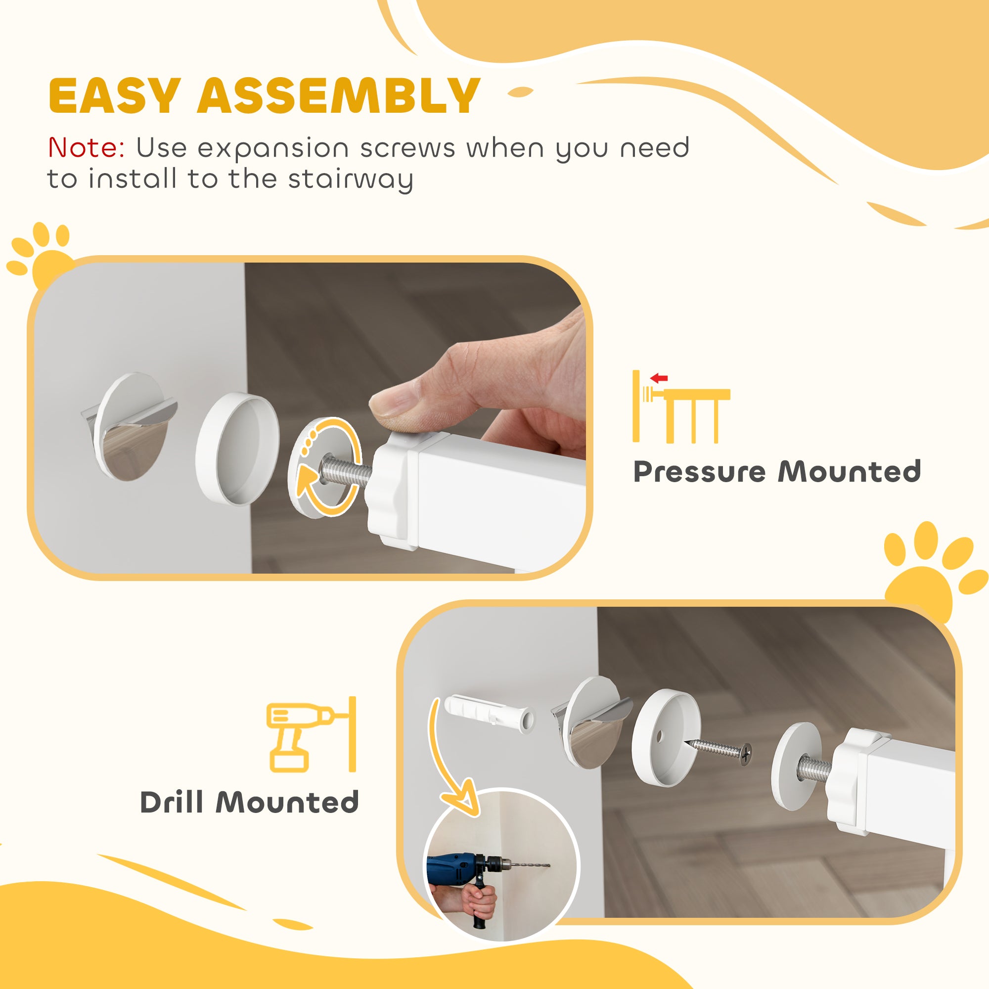 PawHut Dog Gate Pet Safety Gate Stair Barrier Pressure Fit Adjustable 76-82/86-97/101-107 cm, White - North Peak Garden Furniture