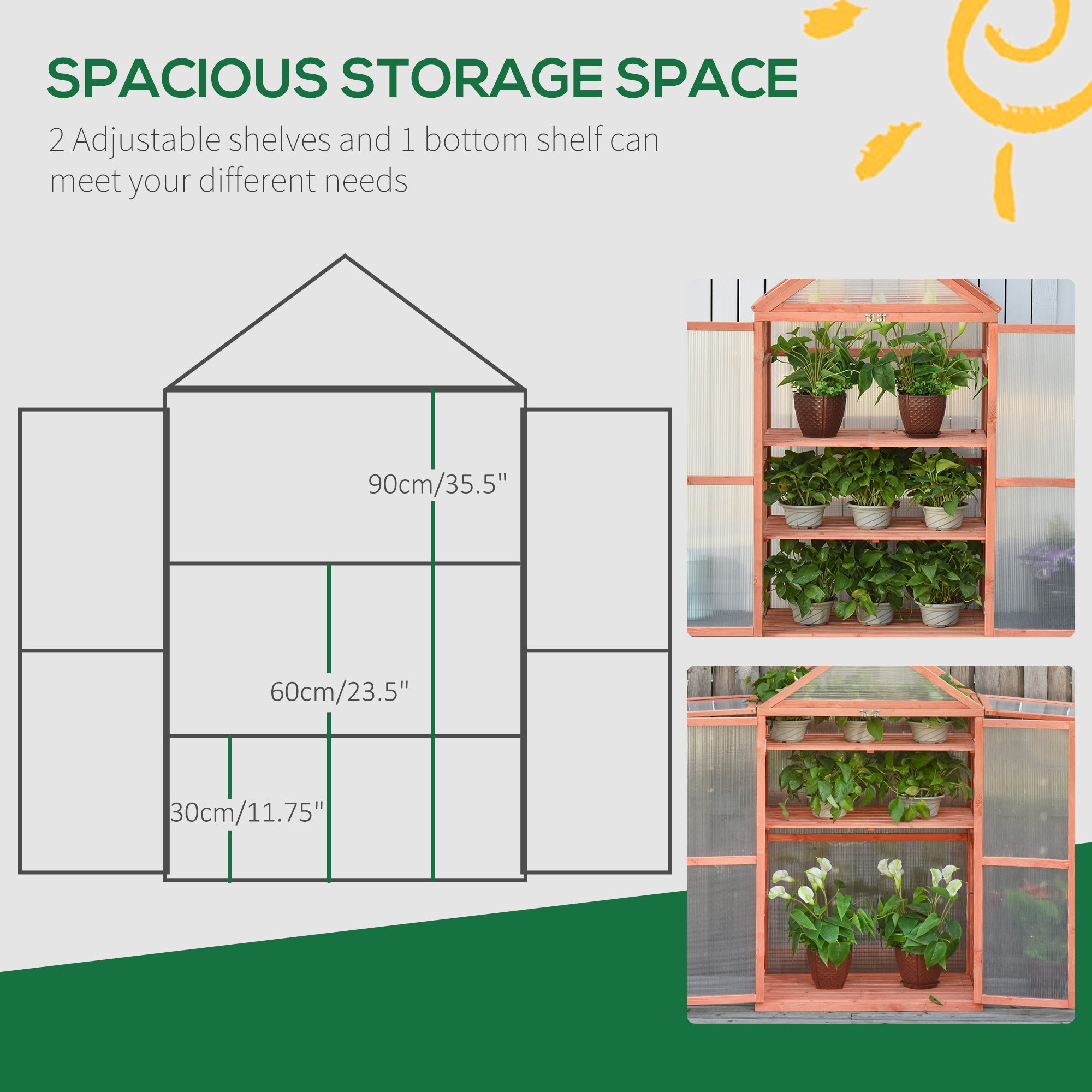 Outsunny Garden Cold Frame Polycarbonate Greenhouse with Adjustable Shelves, Double Doors, Openable Top Covers, Grow House for Flower Vegetable Plants, 80 x 47 x 138cm, Orange - North Peak Garden Furniture