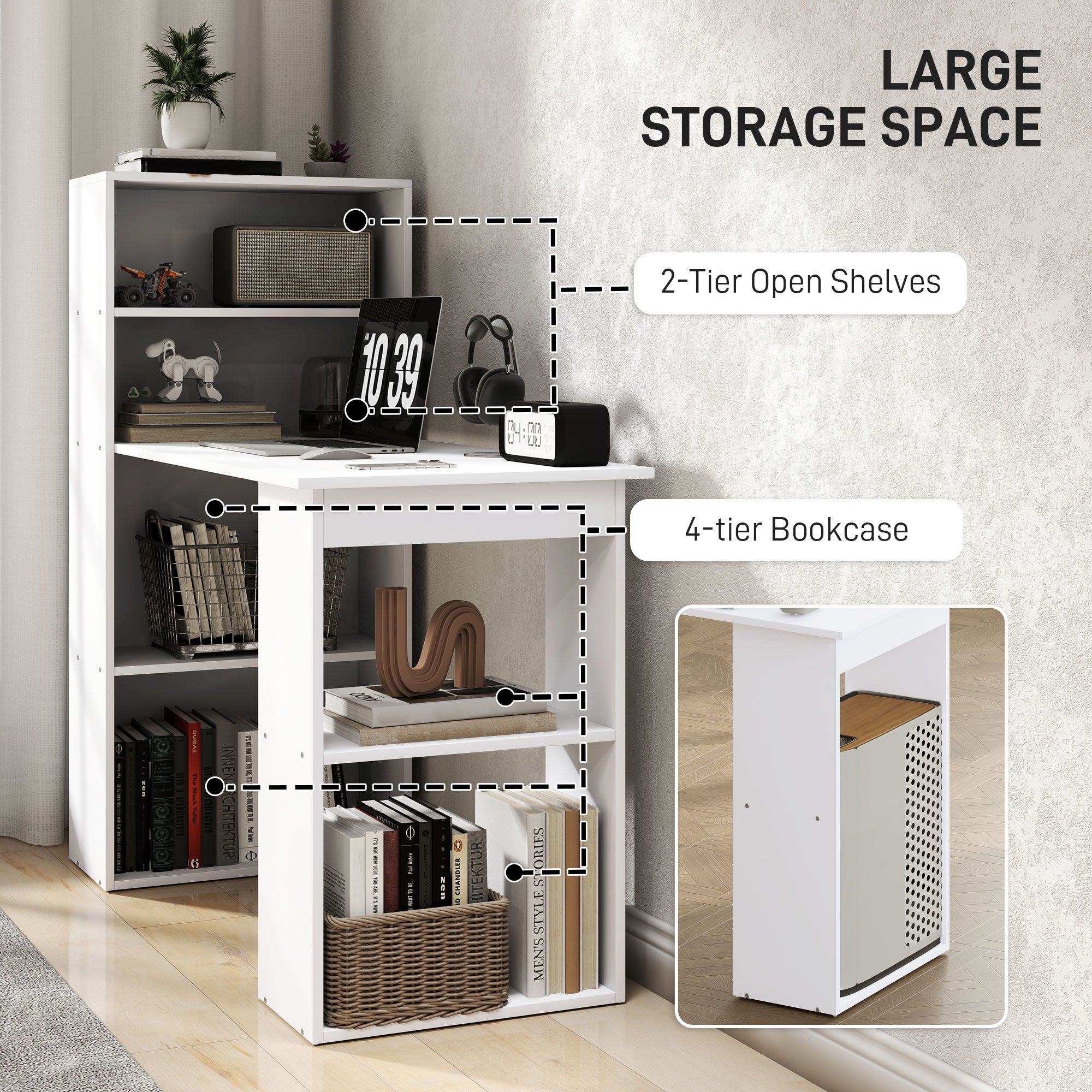 HOMCOM 120cm Modern Computer Desk Bookshelf Study Table Workstation PC Laptop Writing Home Office 6 Shelves White - North Peak Garden Furniture
