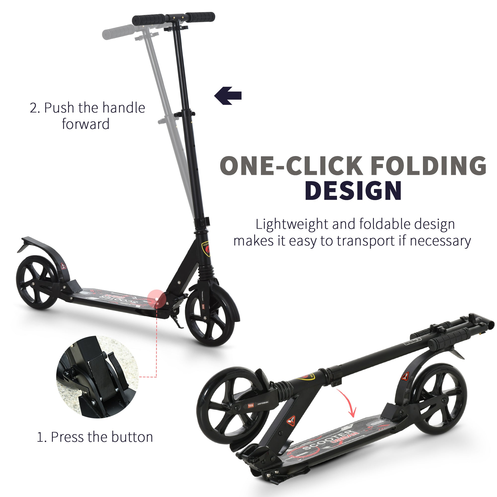 HOMCOM Folding Kick Scooter 2 Big Wheels Teens Adult 14+ Adjustable Ride On Black - North Peak Garden Furniture