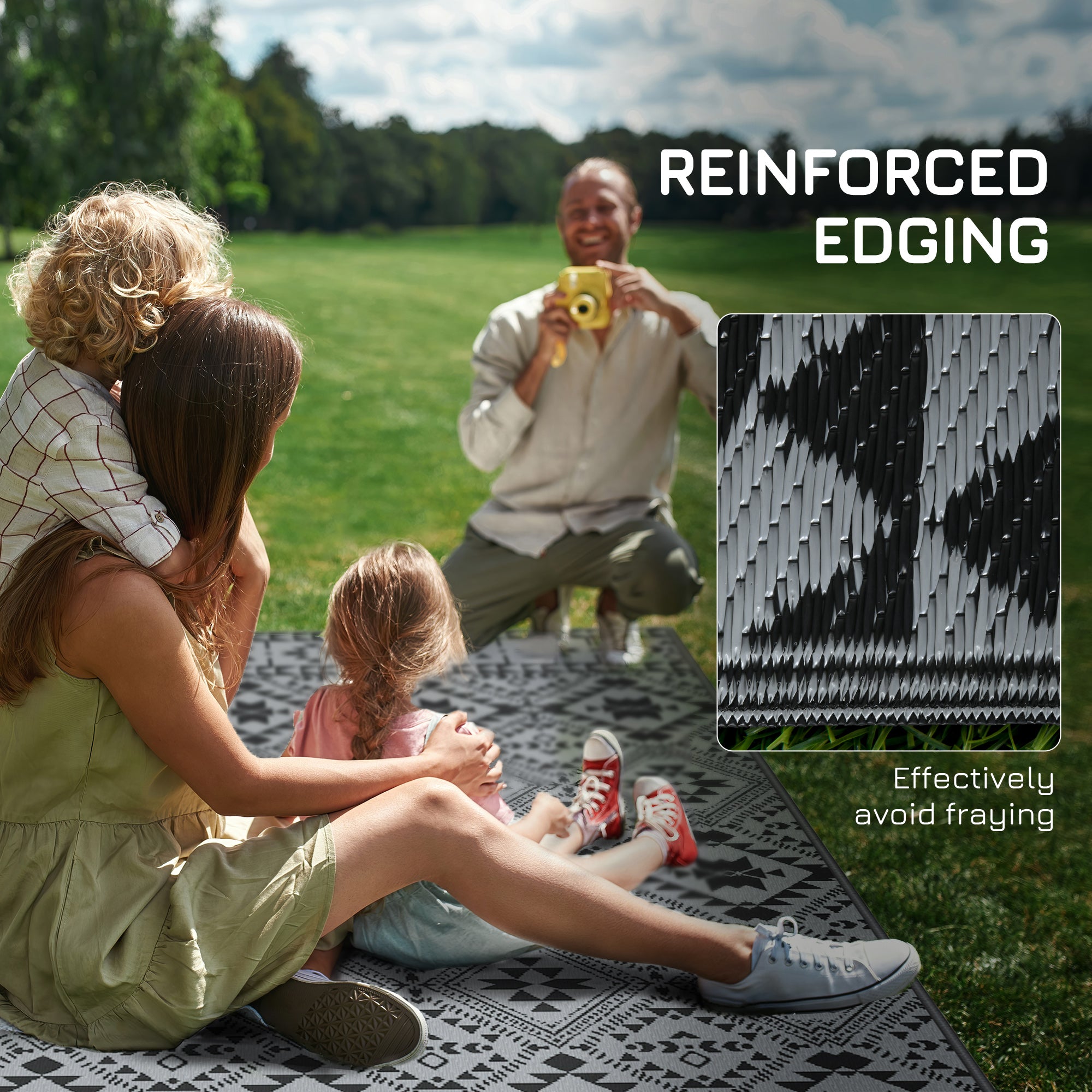 Outsunny 182 x 274cm Reversible Patterned Outdoor Rug, with Bag - Black/Grey - North Peak Garden Furniture