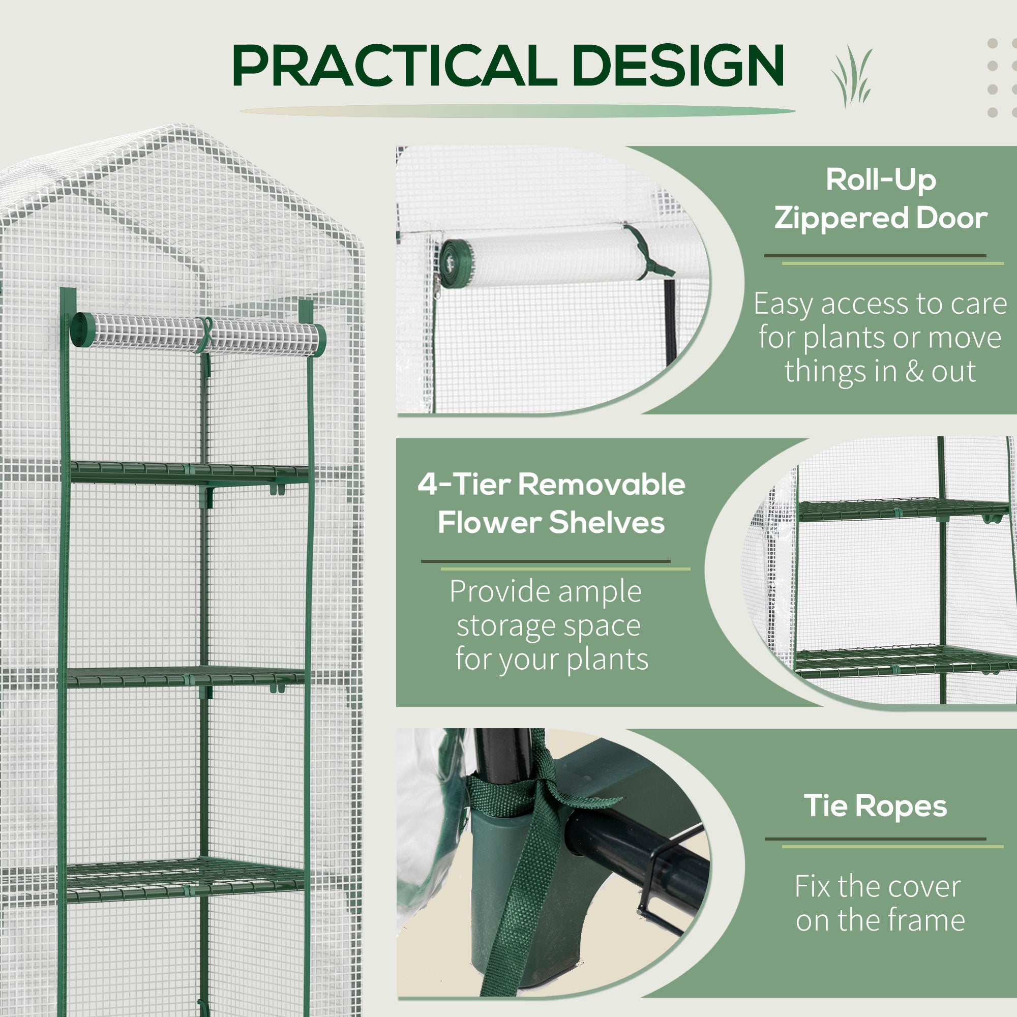 Outsunny 4 Tier Mini Greenhouse, Portable Green House with Steel Frame, PE Cover, Roll-up Door, 70 x 50 x 160 cm, White | Aosom UK