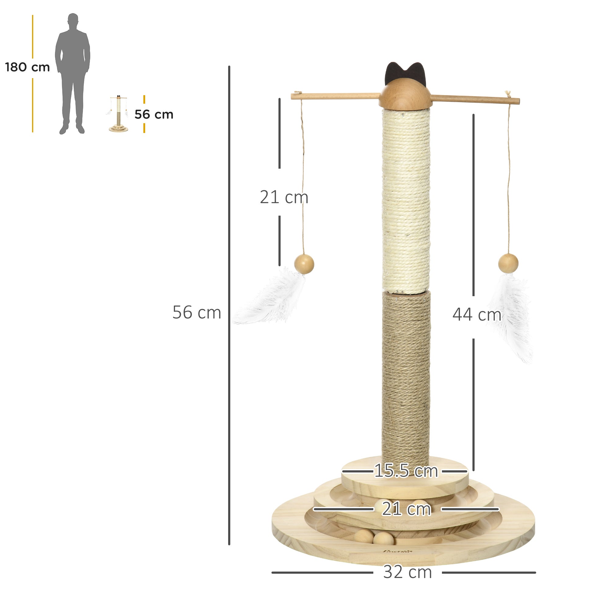 PawHut Cat Tree, with Scratching Post, Turntable Toy Ball - Natural Finish