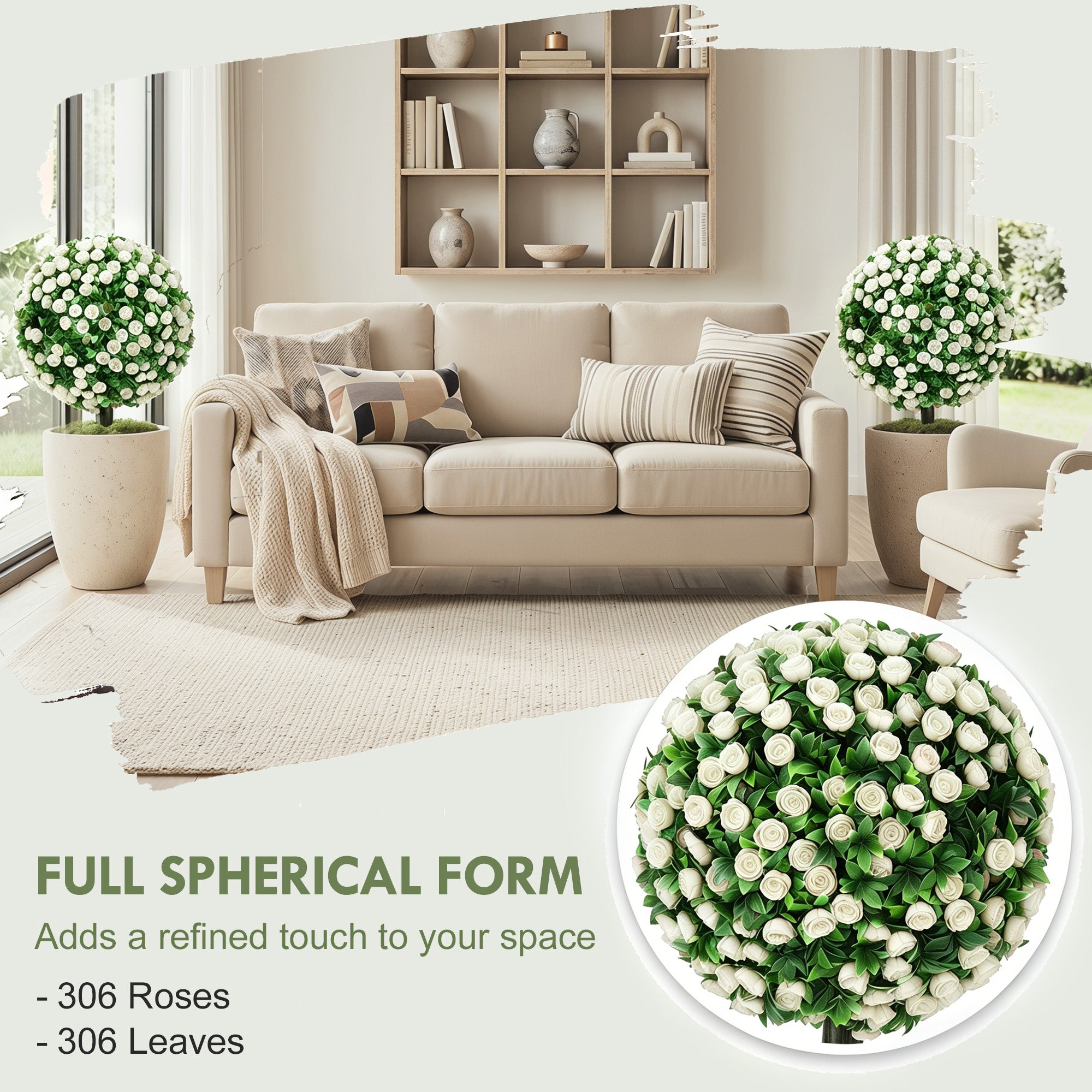 HOMCOM Artificial Rose Topiary UV Resistant, 2-Pack Fake Plants, 55 cm, White
