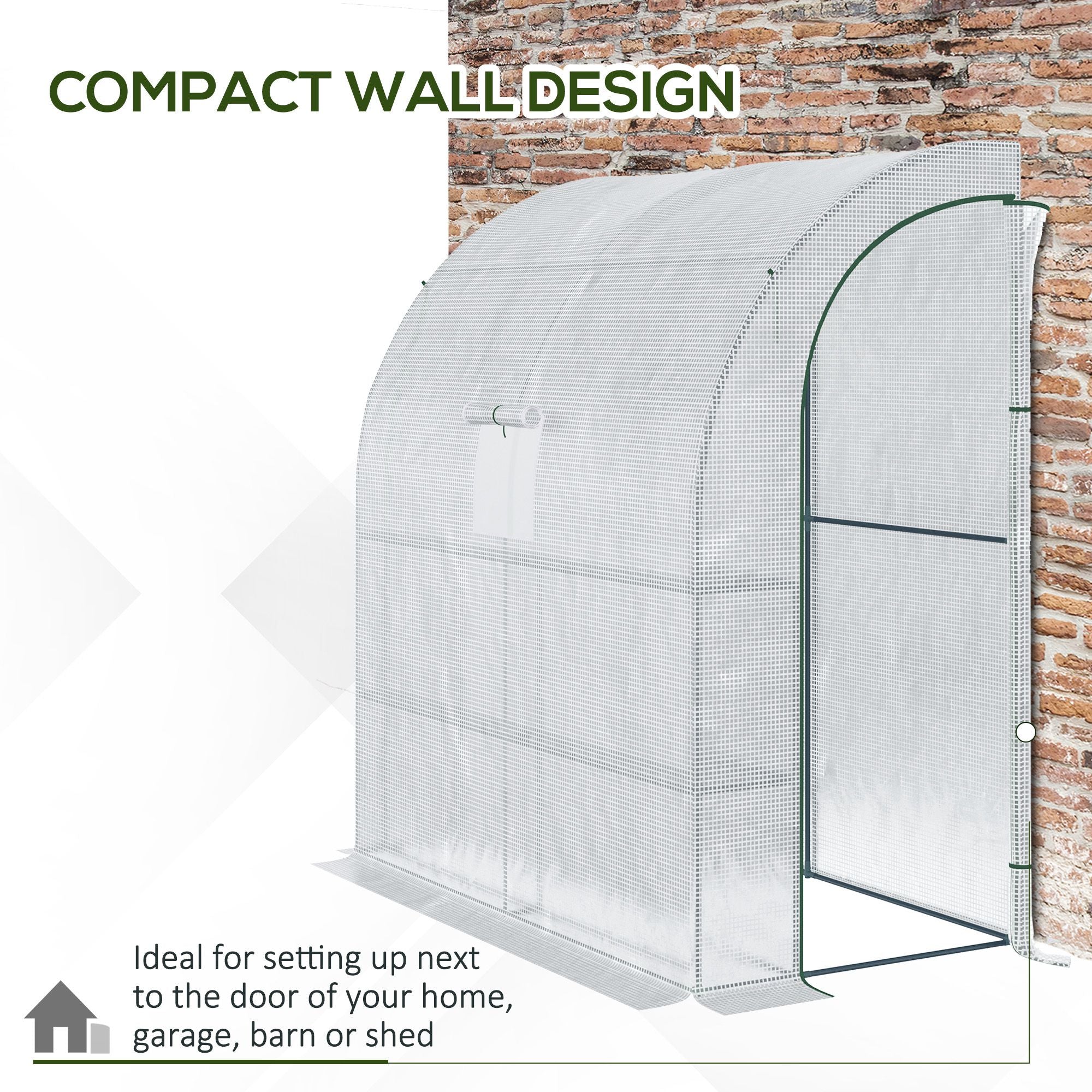 Outsunny Walk-In Lean to Wall Greenhouse with Windows and Doors 2 Tiers 4 Wired Shelves 200L x 100W x 215Hcm White