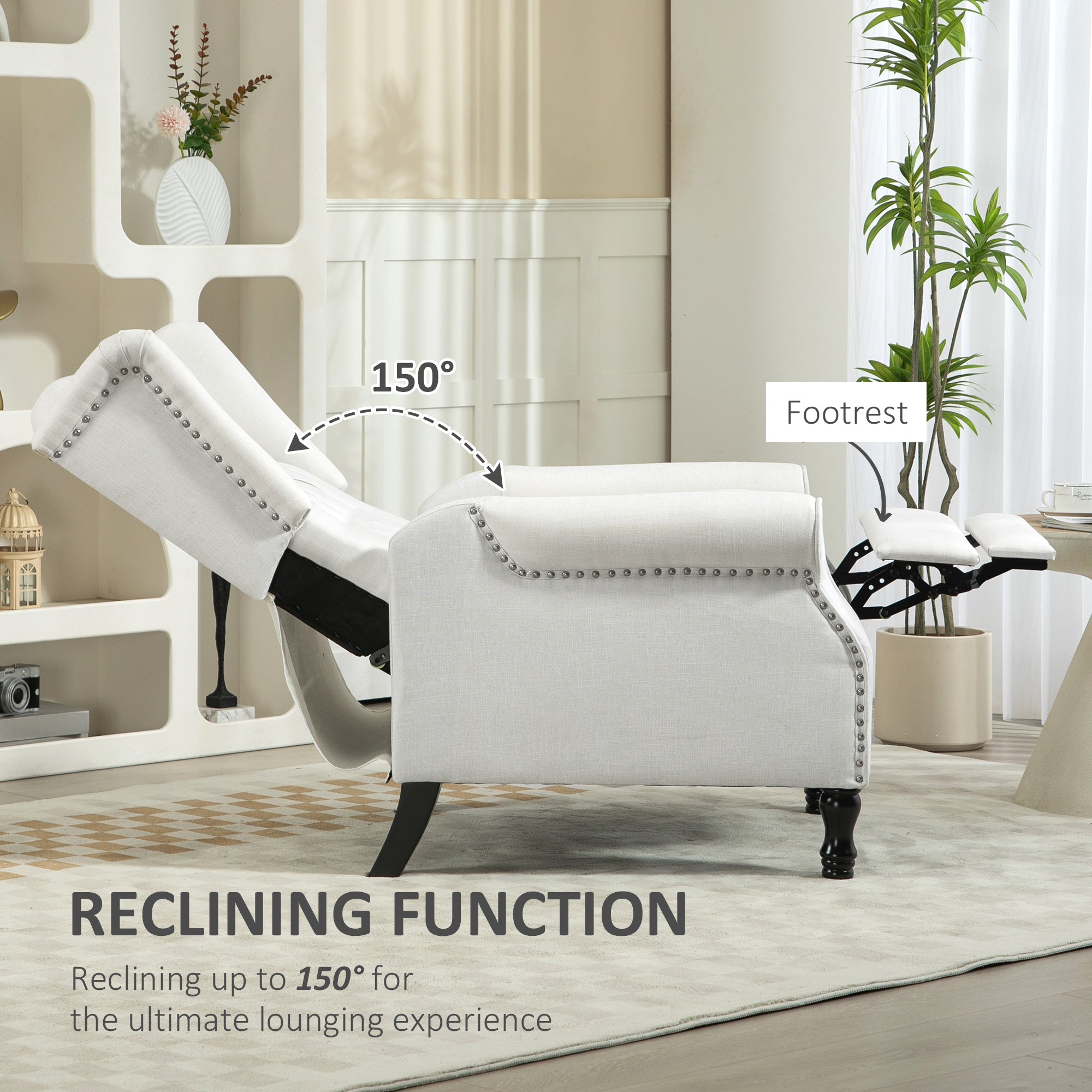 HOMCOM Recliner Armchair, Vintage Reclining Chair with Nail Head Trim, Wingback Chair with Button Tufted Back and Footrest, for Living Room, Cream White - North Peak Garden Furniture