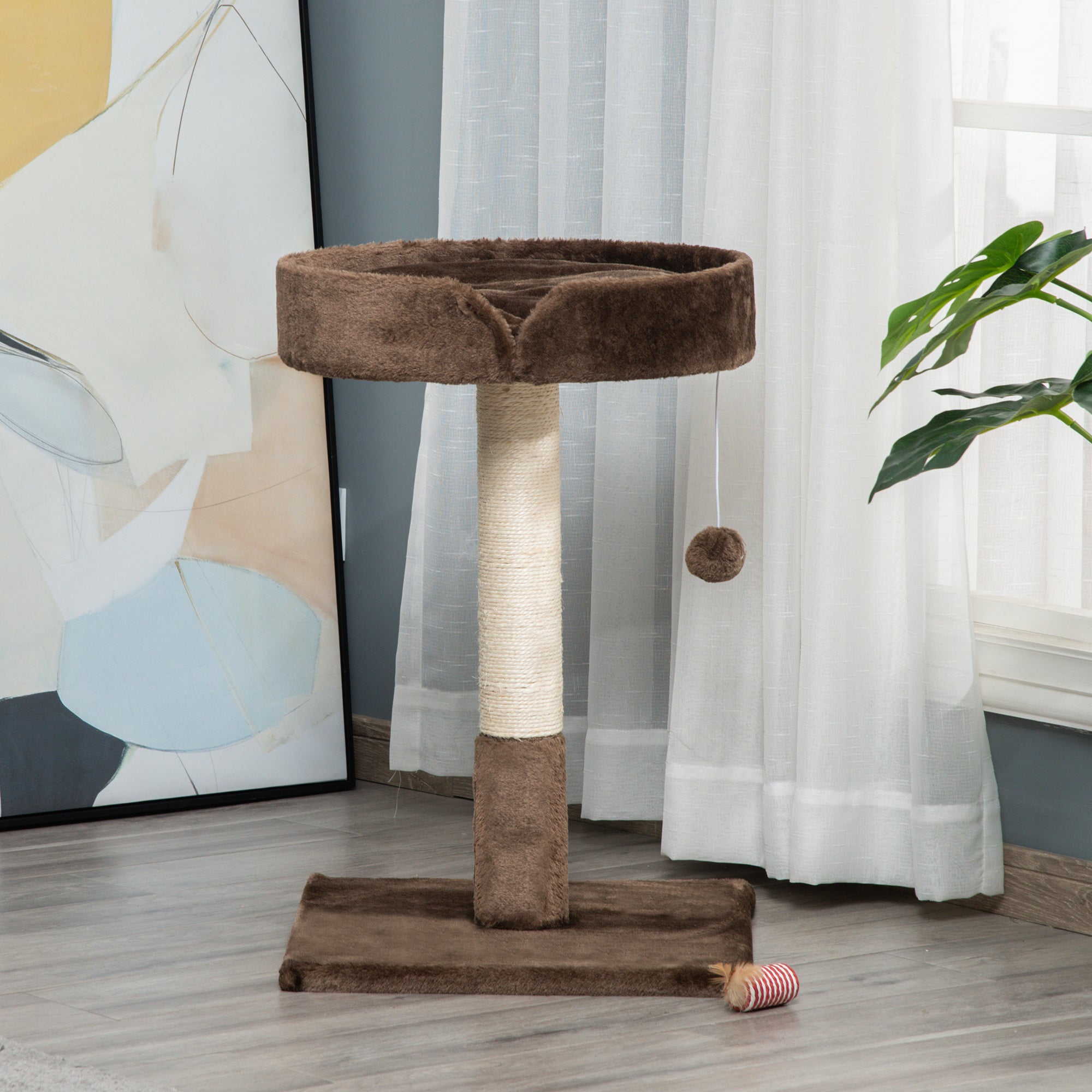 PawHut Small Cat Tree for Indoor Cats with Sisal Scratching Post Kitten Bed Cushion Ball Toy, Brown, 45x45x70 cm - North Peak Garden Furniture