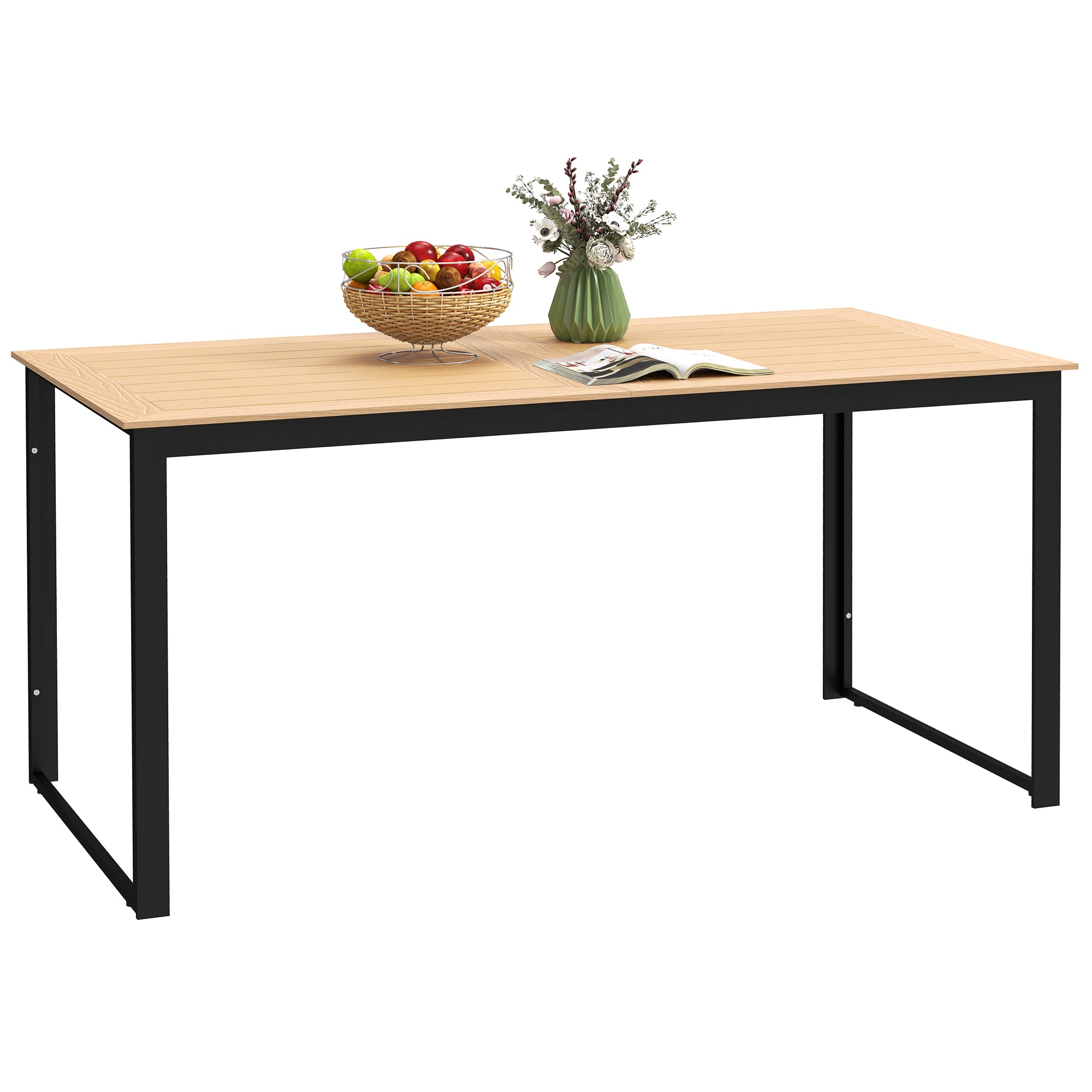 Outsunny Garden Table for 6 People, 160 x 80 x 75 cm Rectangle Outdoor Dining Table with Slatted Top, Metal Frame, for Balcony, Deck, Teak - North Peak Garden Furniture