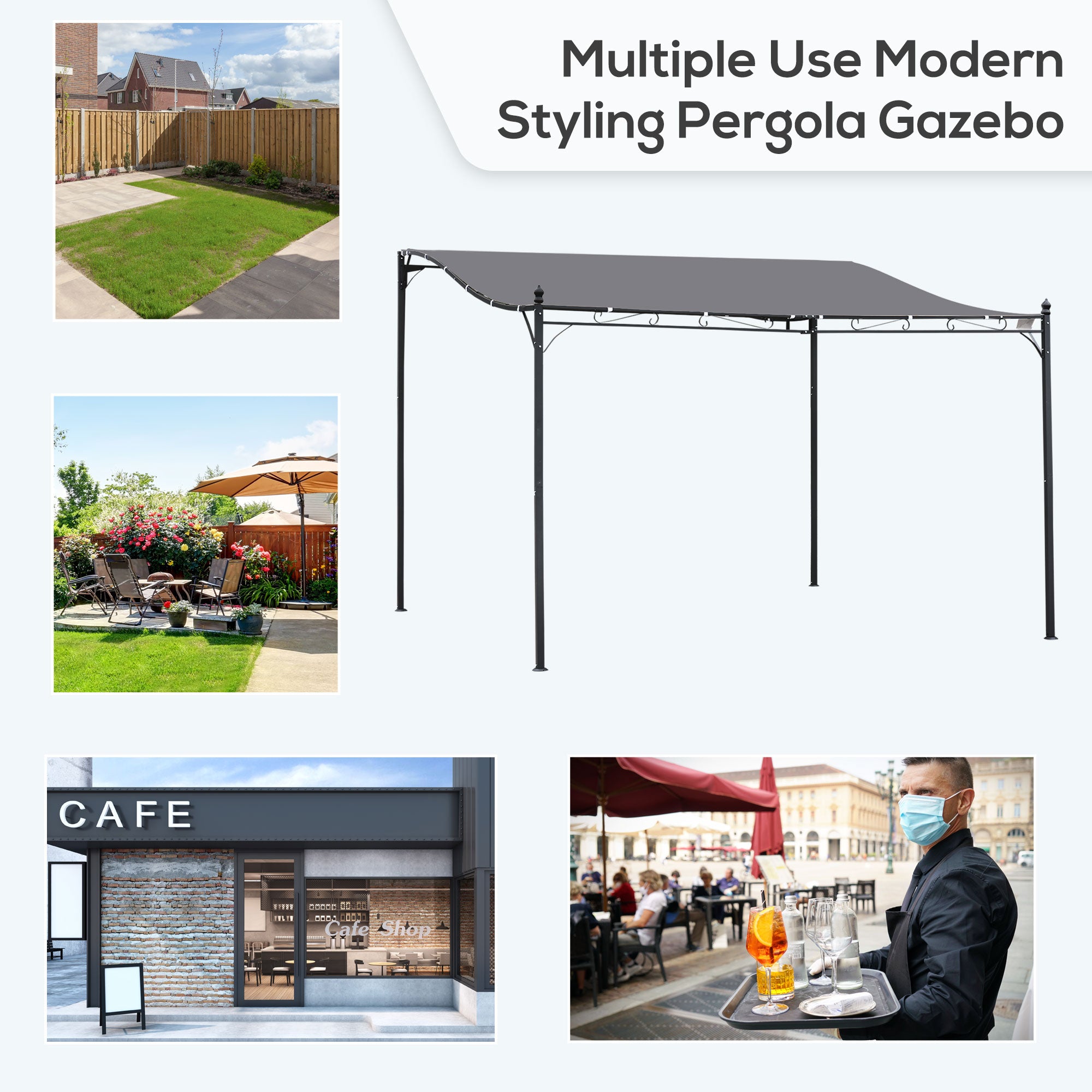 Outsunny 4 x 3 Meters Canopy Metal Wall Gazebo Awning Garden Marquee Shelter Door Porch - Grey - North Peak Garden Furniture