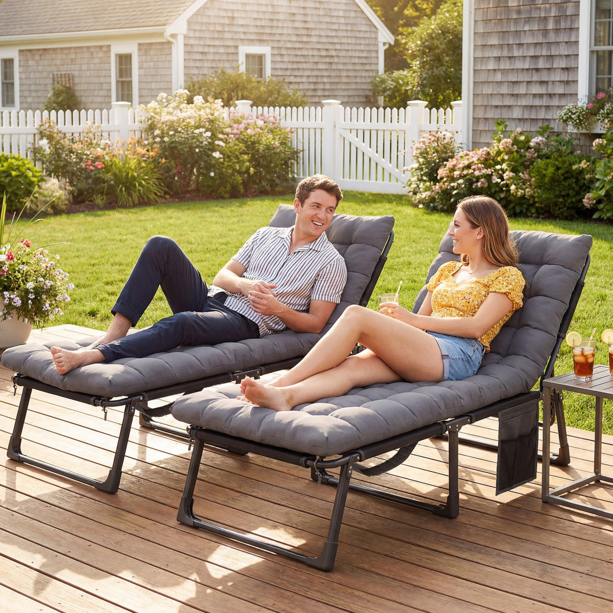 Outsunny Folding Sun Loungers for Garden Set of 2, 5-Position Oversized Camping Bed Recliner with Cushions, Dark Grey