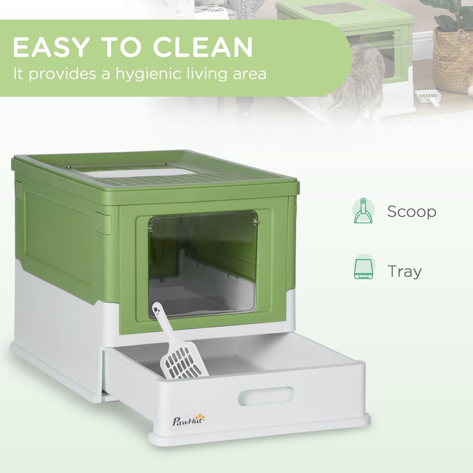 PawHut Hooded Cat Litter Box, Portable Pet Toilet, with Scoop, Front Entry - Light Green - North Peak Garden Furniture