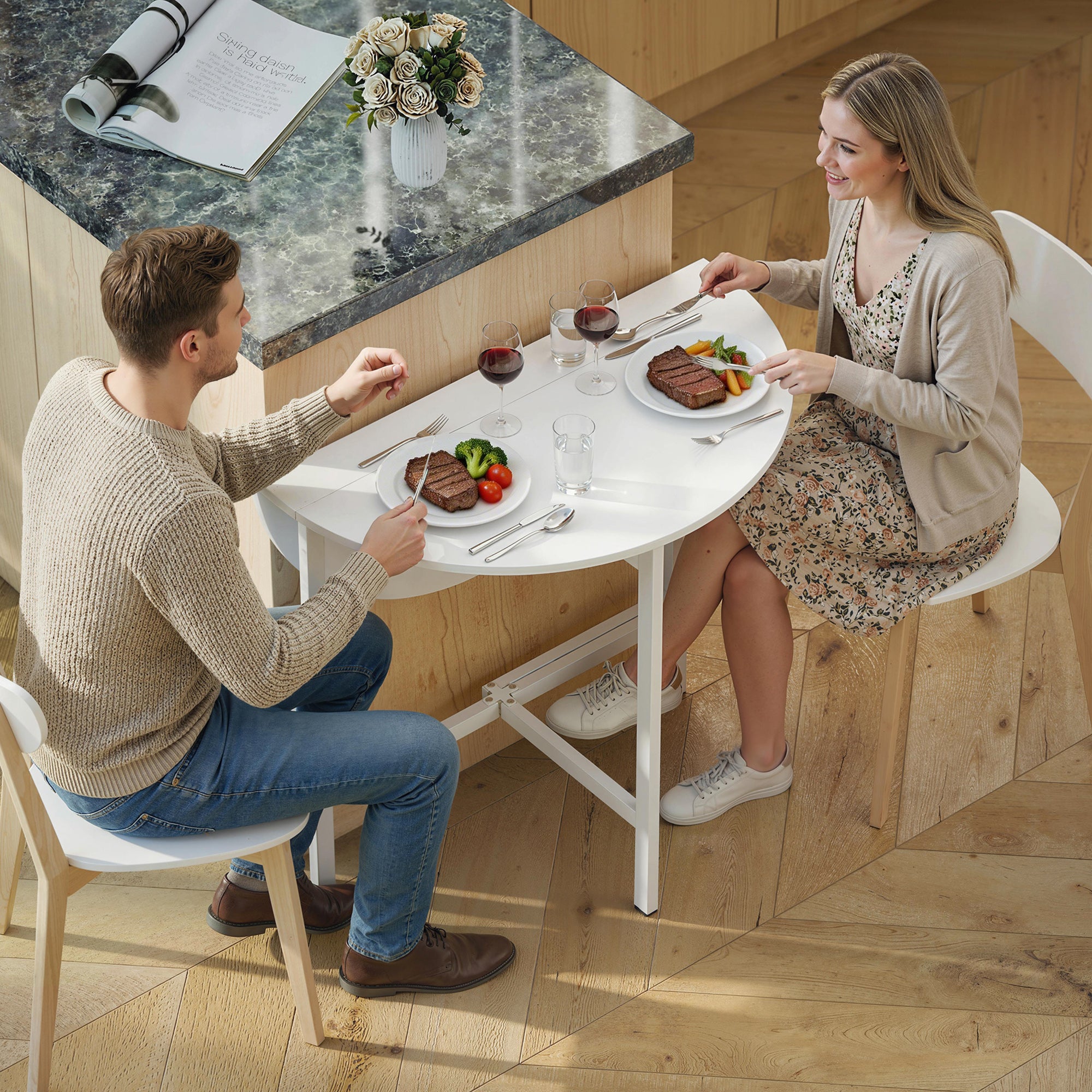 HOMCOM Collapsible Drop Leaf Table, Folding Dining Table for Small Spaces, Extendable Kitchen Table with Steel Frame, White