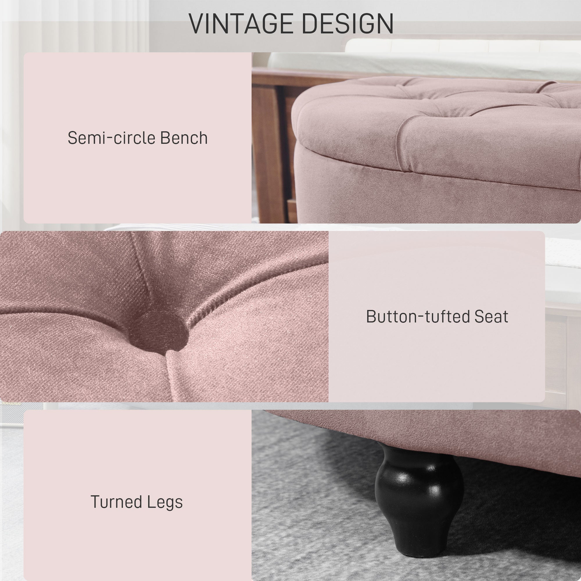 HOMCOM Semi-Circle Bed End Bench Ottoman with Storage Tufted Upholstered Accent Seat Footrest Stool with Rubberwood Legs for Bedroom & Entryway, Pink - North Peak Garden Furniture