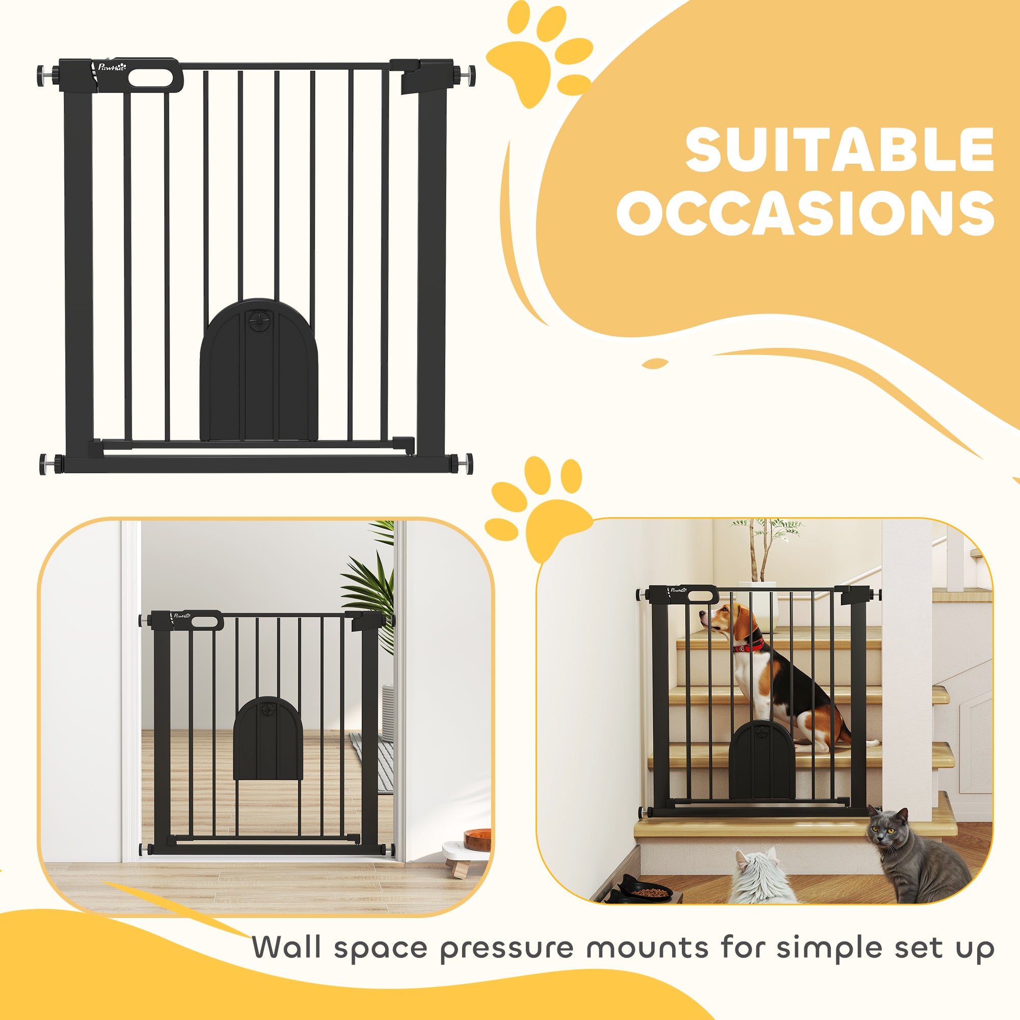 PawHut Dog Gate with Cat Flap Pet Safety Gate Barrier, Stair Pressure Fit, Auto Close, Double Locking, for Doorways, Hallways, 75-82 cm Black