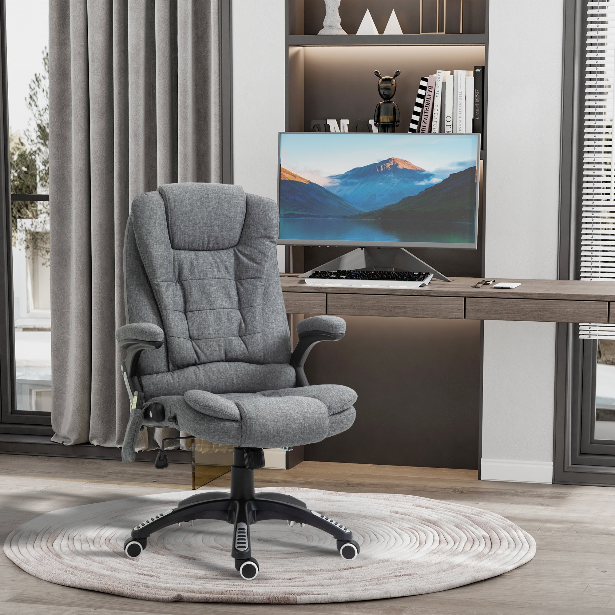 Vinsetto Massage Recliner Chair Heated Office Chair with Six Massage Points Linen-Feel Fabric 360° Swivel Wheels Grey - North Peak Garden Furniture