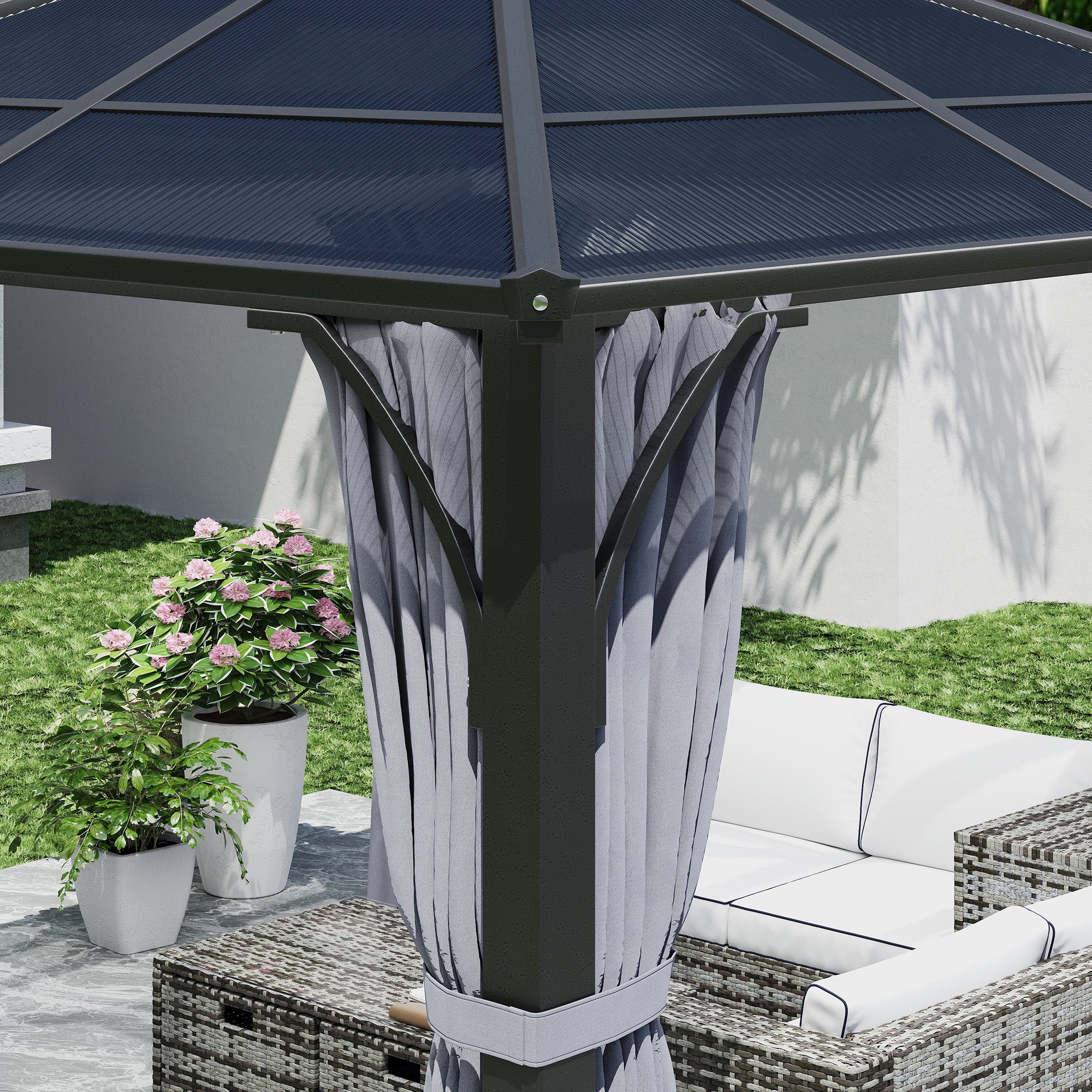 Outsunny 3 x 3(m) Hardtop Gazebo Canopy with 7mm Polycarbonate Double-Tier Roof, Garden Gazebo Permanent Pavilion with Mosquito Netting and Curtains for Patio, Deck, Dark Grey