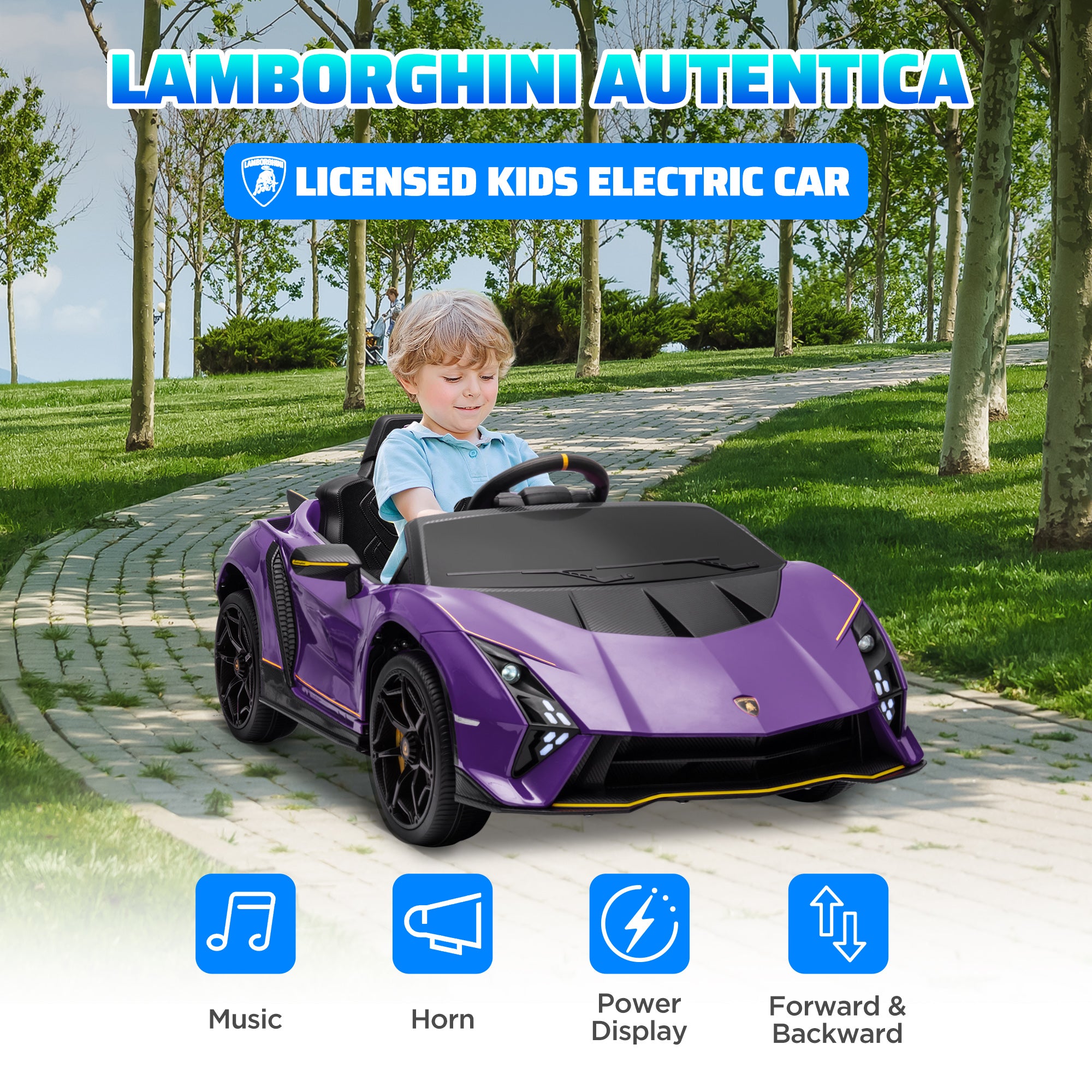 AIYAPLAY 12V Lamborghini Autentica Licensed Kids Electric Car with Remote Control, 4 Suspension Wheels, Soft Start, Purple - North Peak Garden Furniture