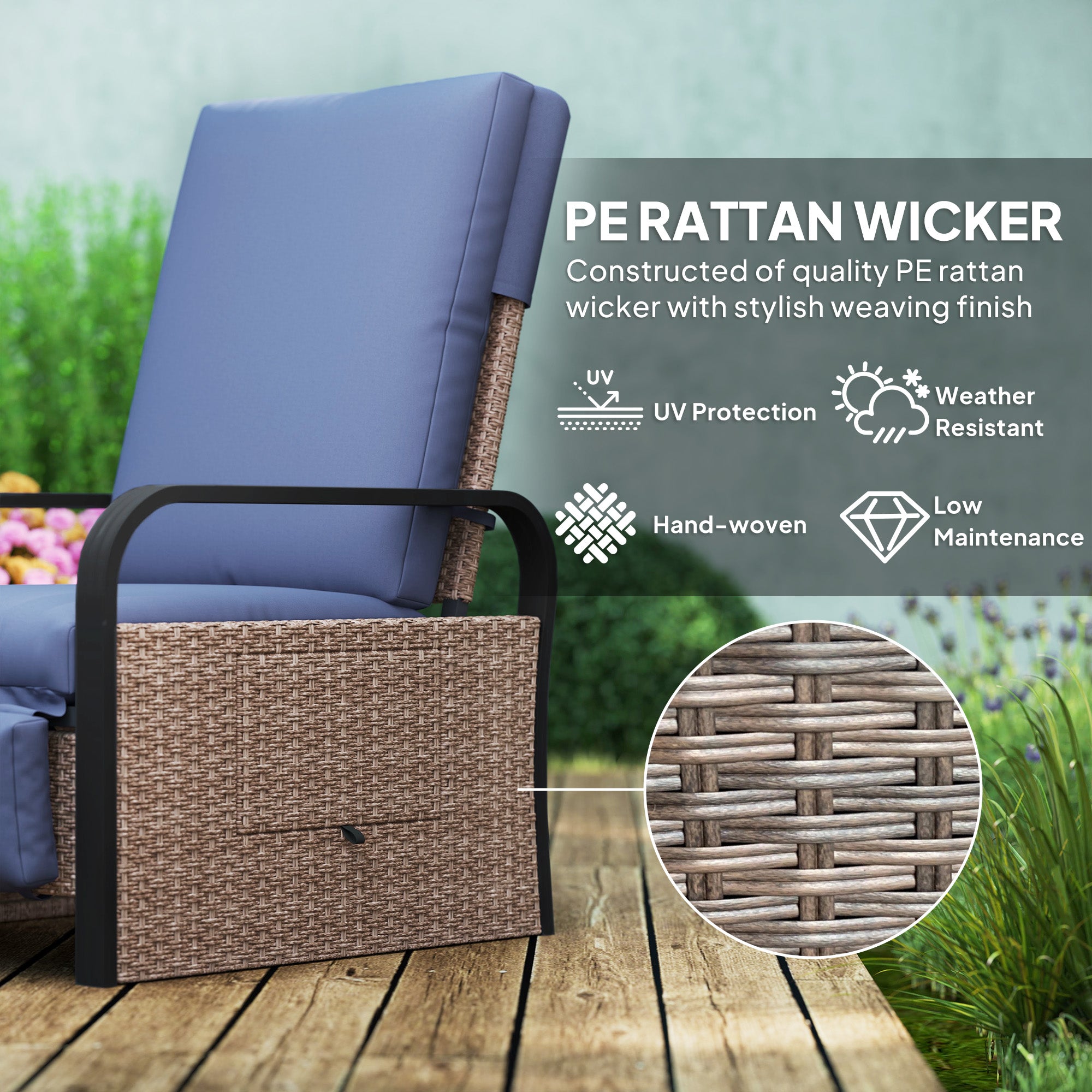 Outsunny 140° Reclining Rattan Armchair - Brown/Blue - North Peak Garden Furniture