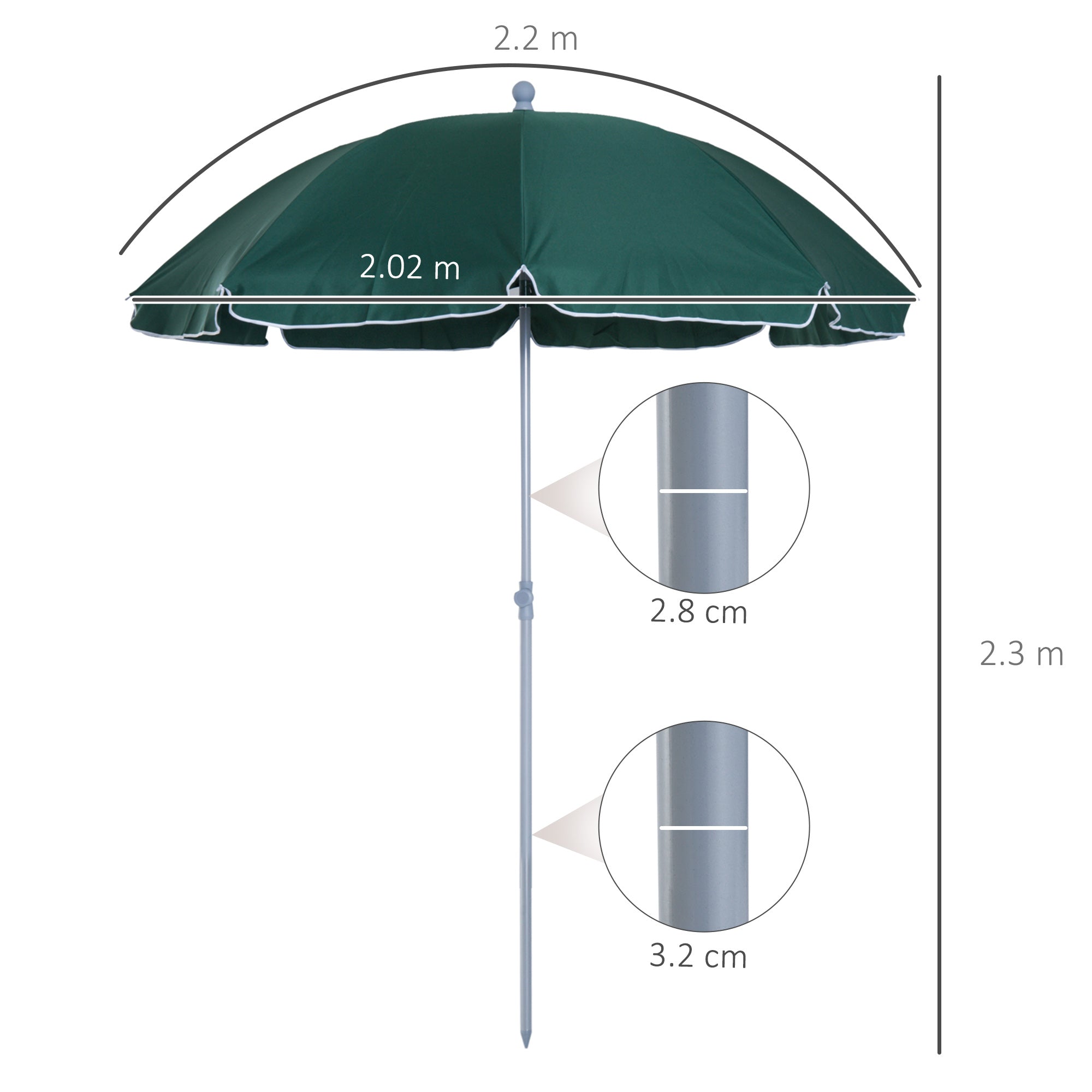 Outsunny 2.2m Beach Umbrella, Portable Parasol with Tilting Function, Outdoor Sunshade Shelter with 8 Ribs, Green - North Peak Garden Furniture
