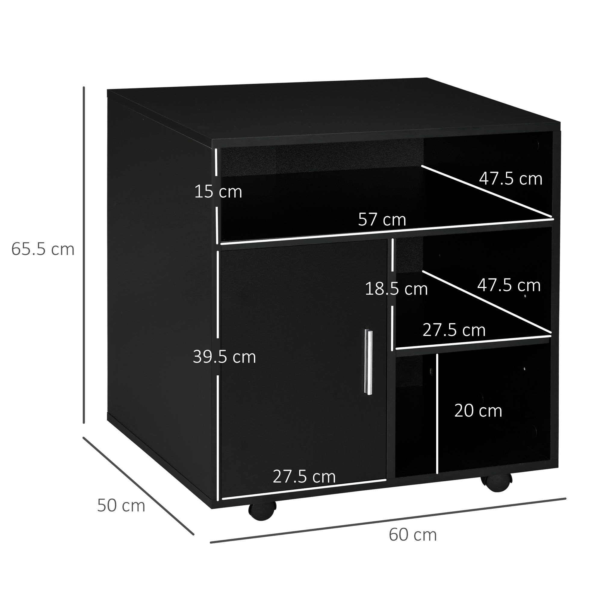HOMCOM Multi-Storage Printer Stand Unit Office Desk Side Mobile Storage w/ Wheels Modern Style 60L x 50W x 65.5H cm - Black - North Peak Garden Furniture