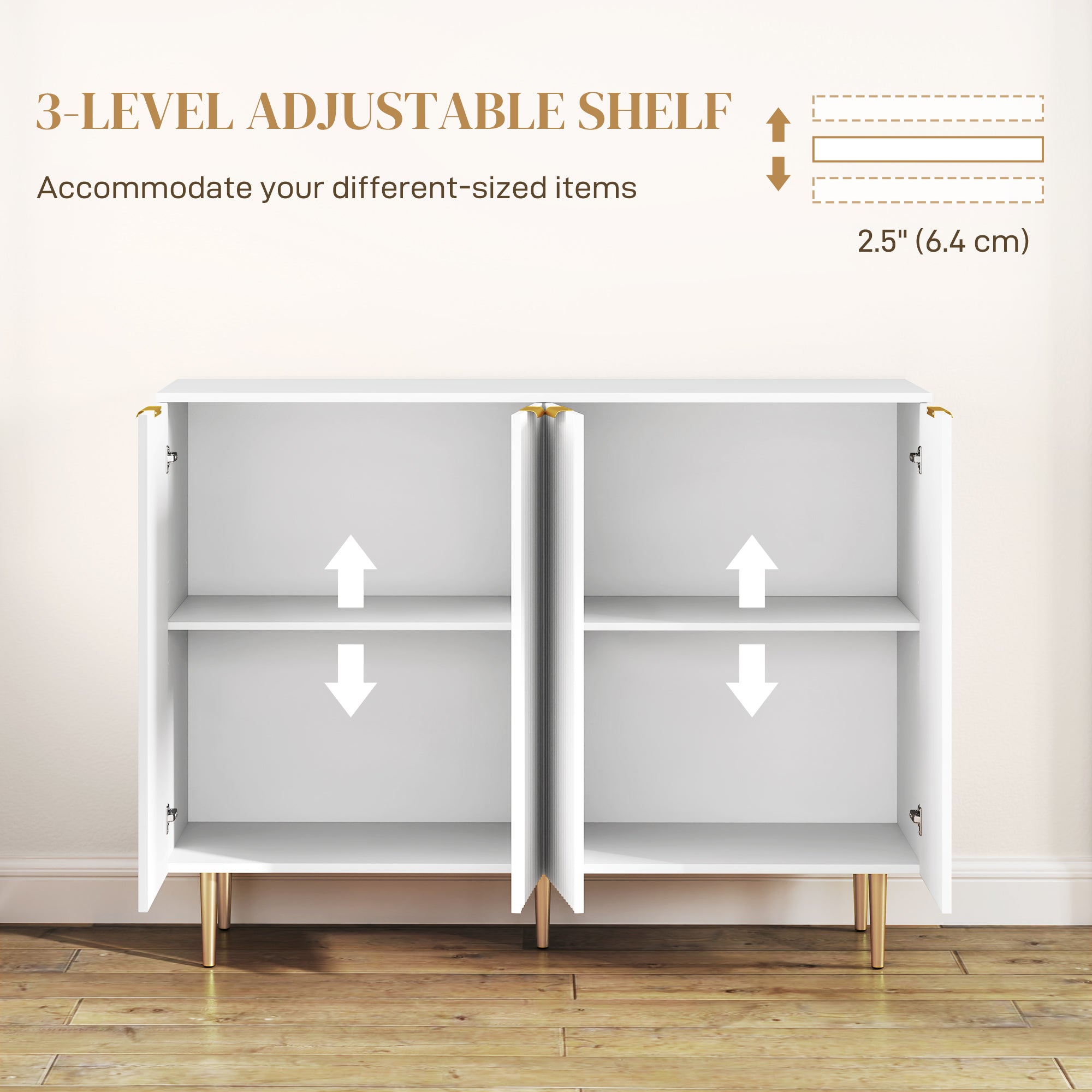 HOMCOM Sideboard Buffet Cabinet, Modern Kitchen Storage Cabinet with 4 Doors and Adjustable Shelves, Living Room Cabinet with Metal Legs for Hallway, White - North Peak Garden Furniture